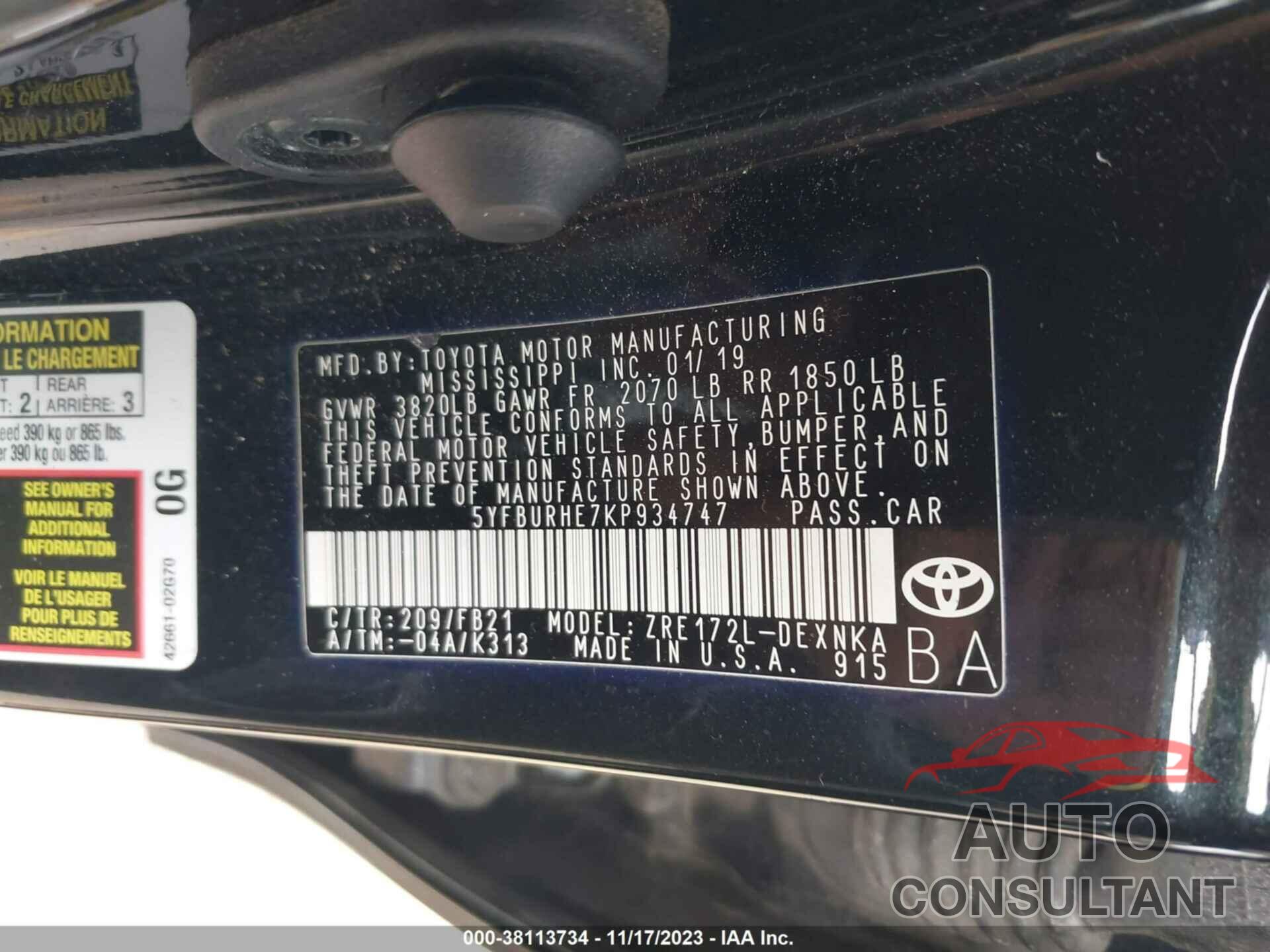 TOYOTA COROLLA 2019 - 5YFBURHE7KP934747