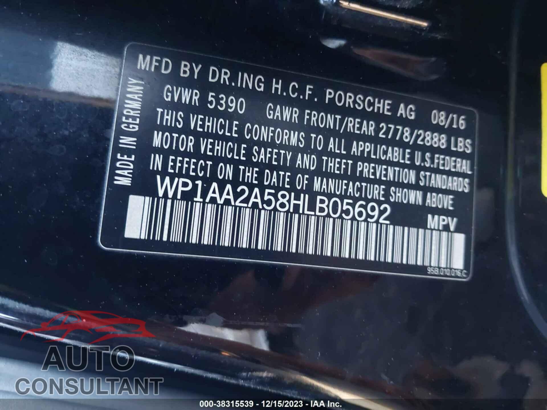 PORSCHE MACAN 2017 - WP1AA2A58HLB05692