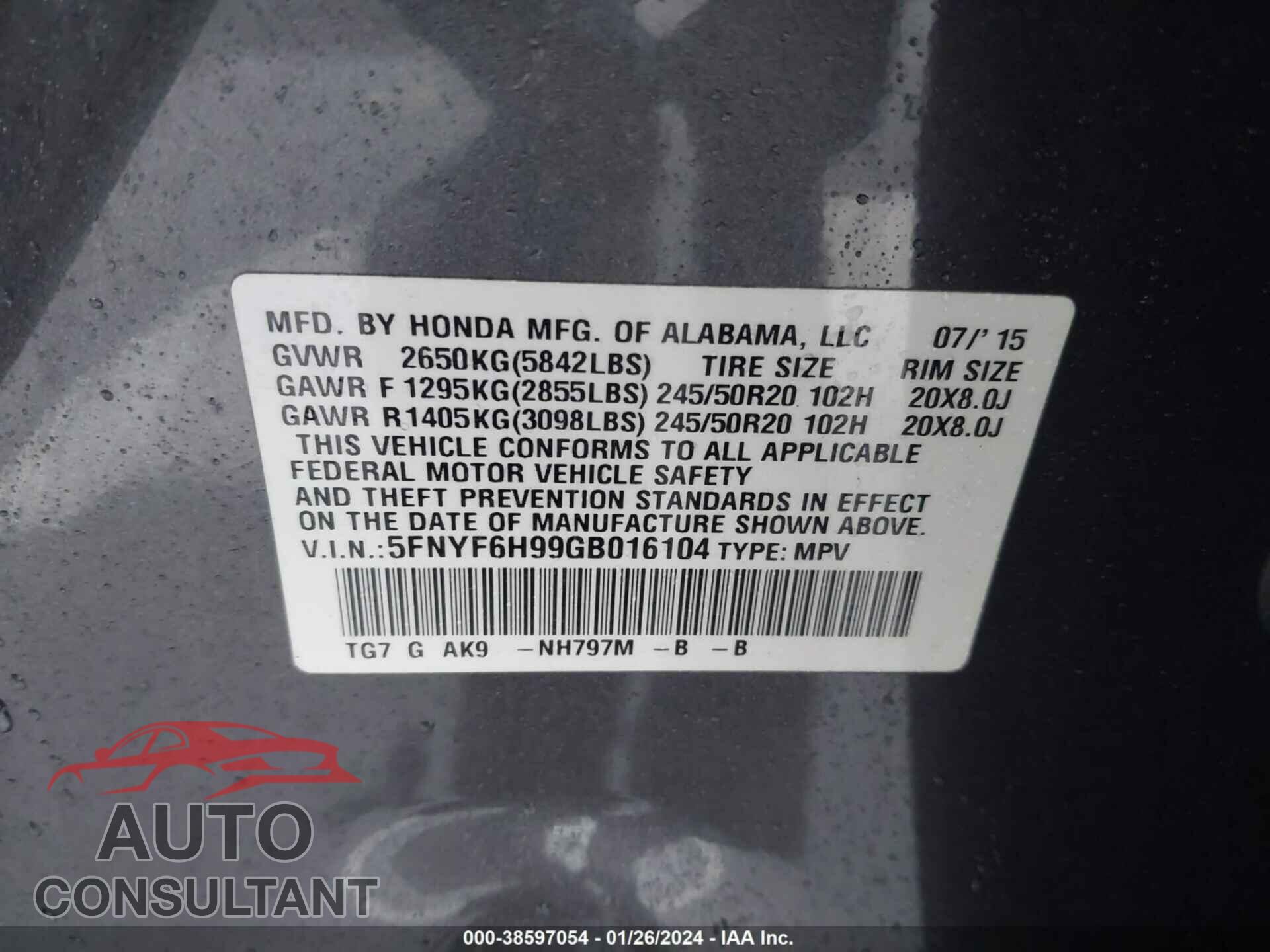 HONDA PILOT 2016 - 5FNYF6H99GB016104
