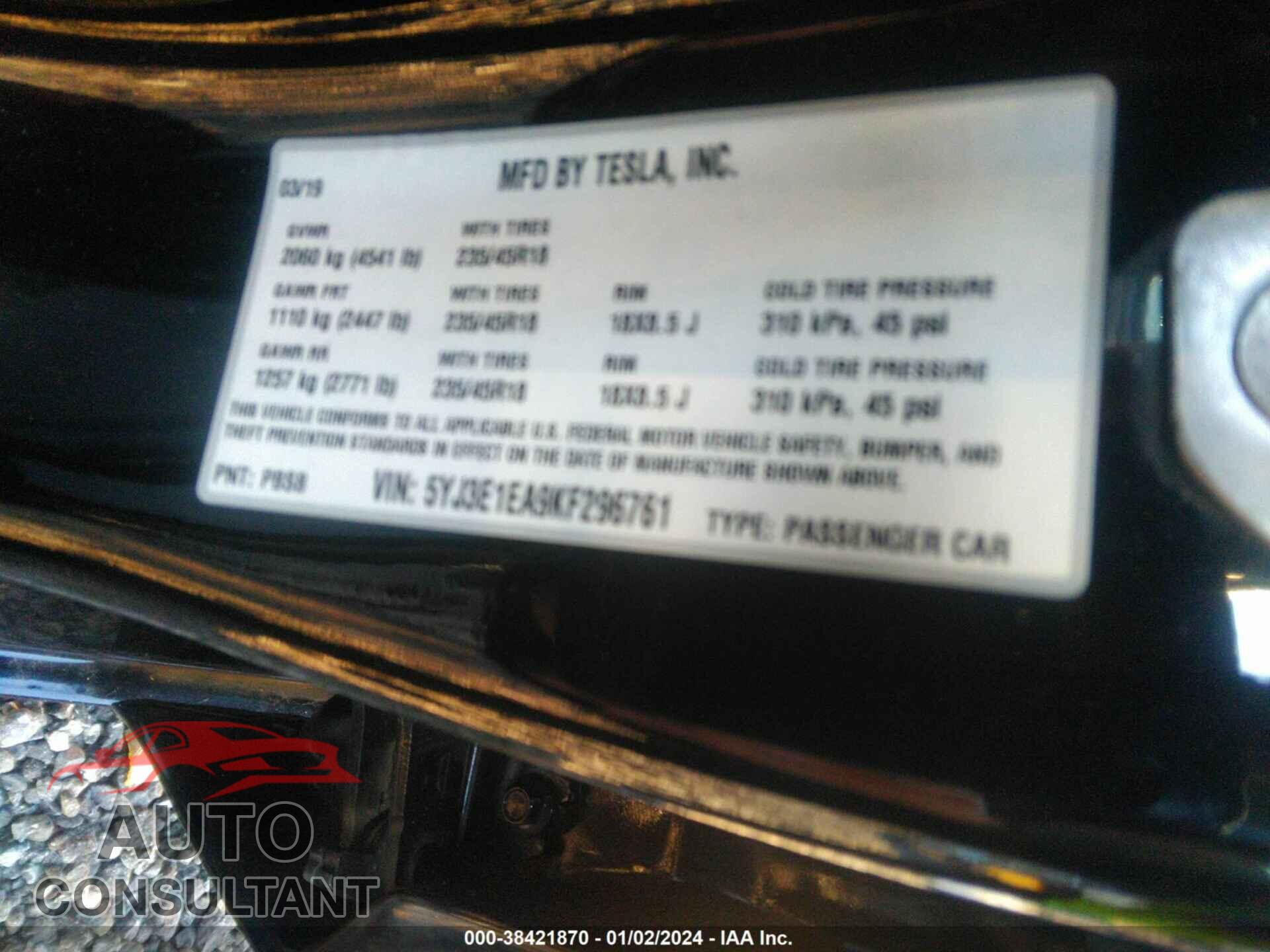 TESLA MODEL 3 2019 - 5YJ3E1EA9KF296761