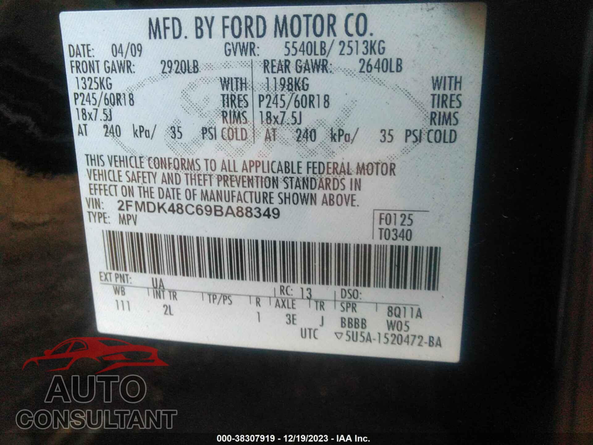 FORD EDGE 2009 - 2FMDK48C69BA88349