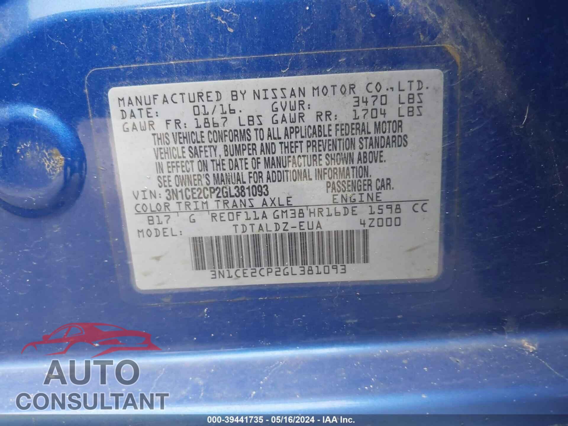 NISSAN VERSA NOTE 2016 - 3N1CE2CP2GL381093