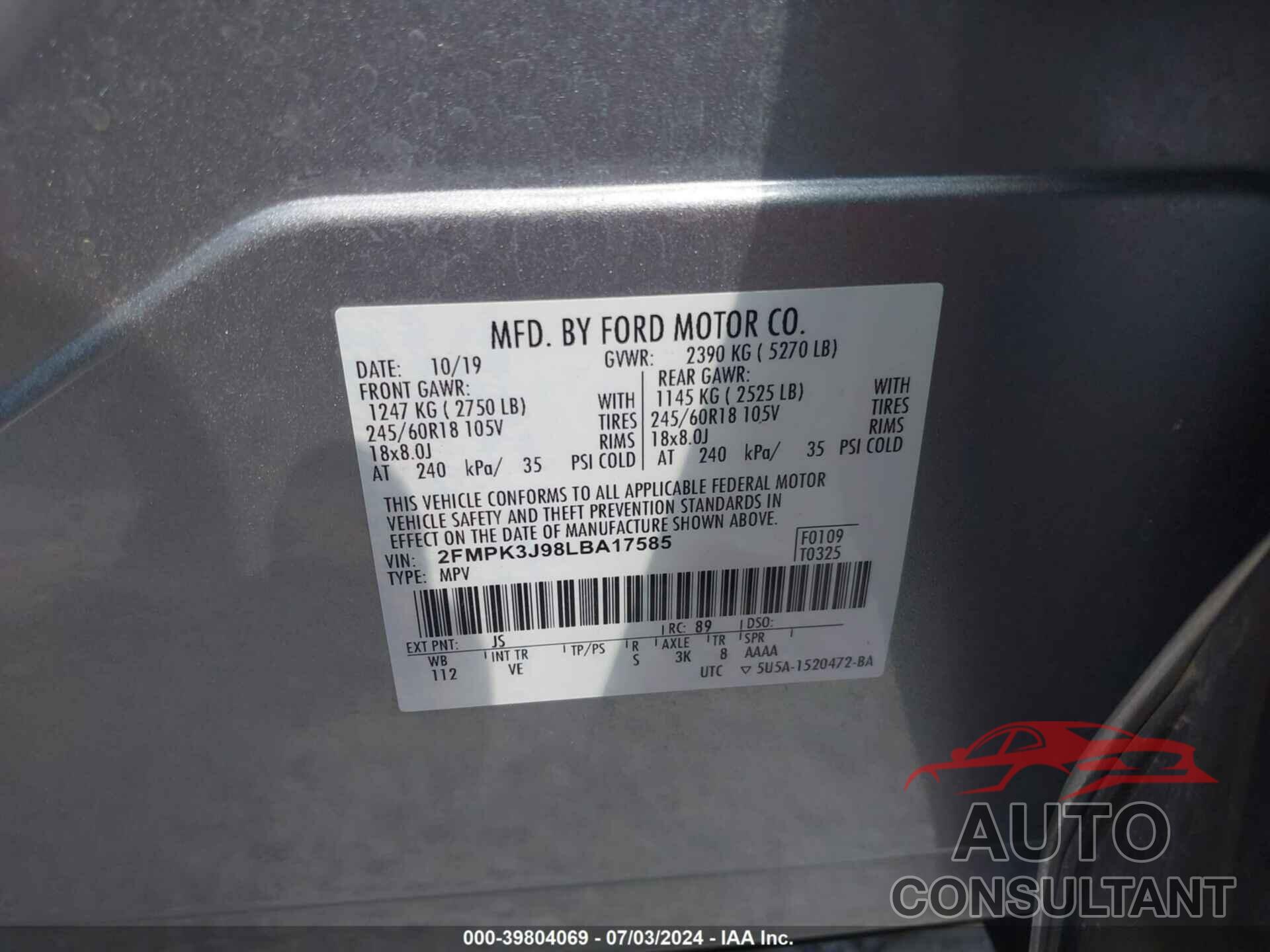 FORD EDGE 2020 - 2FMPK3J98LBA17585