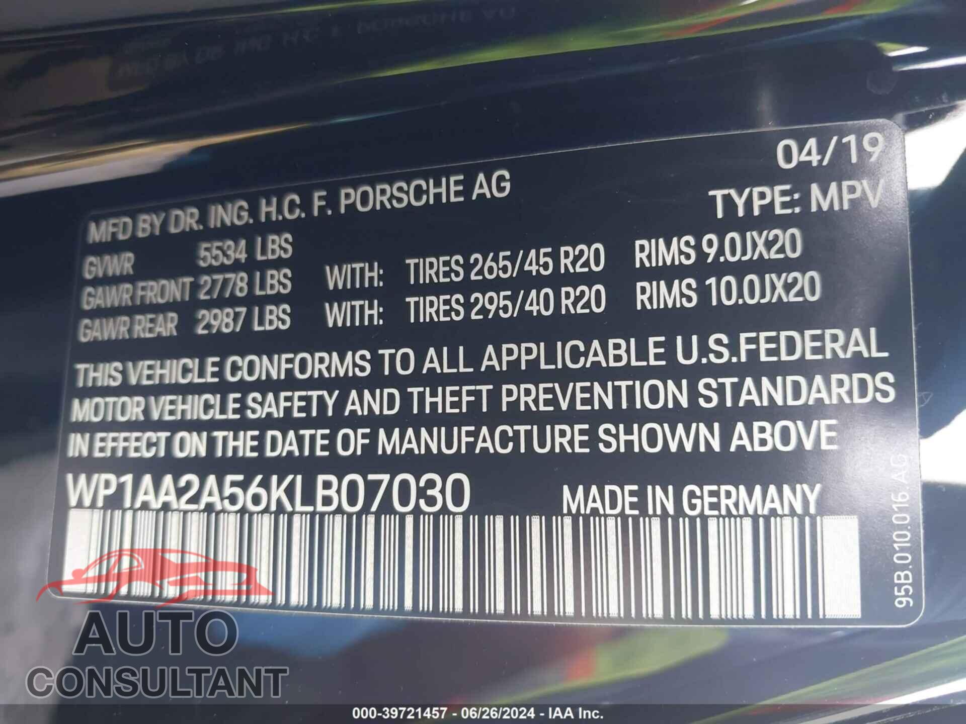 PORSCHE MACAN 2019 - WP1AA2A56KLB07030