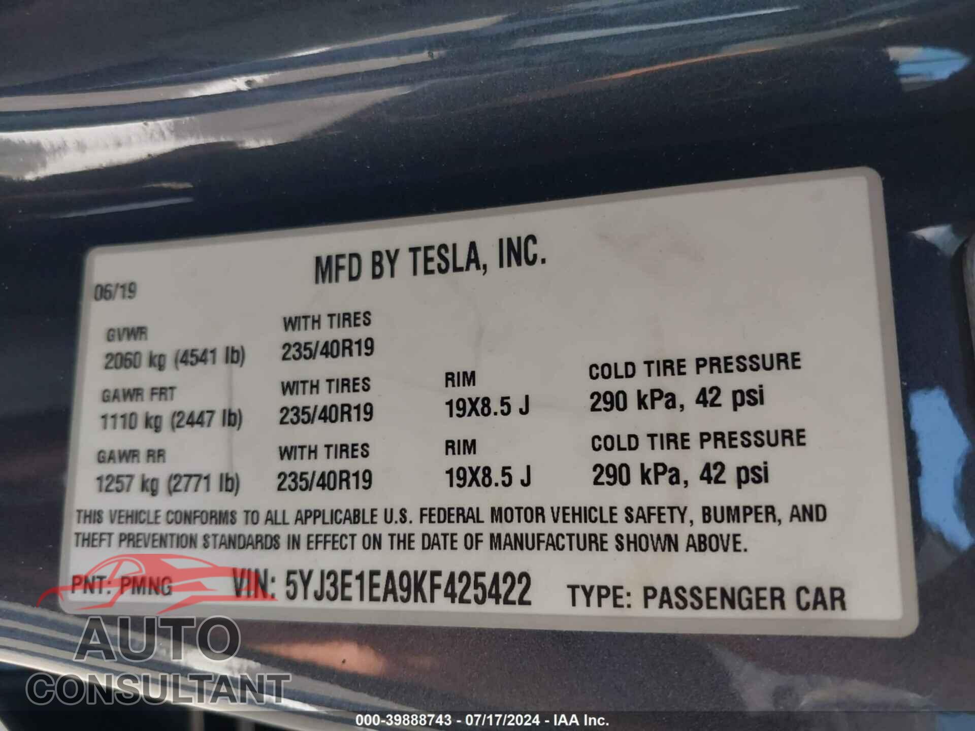 TESLA MODEL 3 2019 - 5YJ3E1EA9KF425422