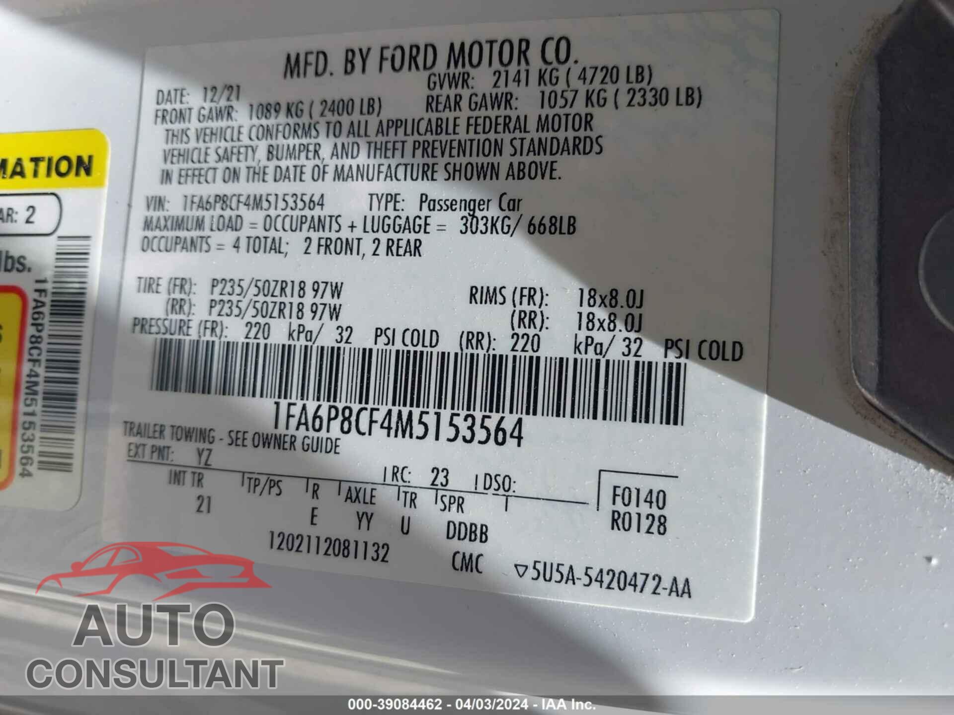 FORD MUSTANG 2021 - 1FA6P8CF4M5153564