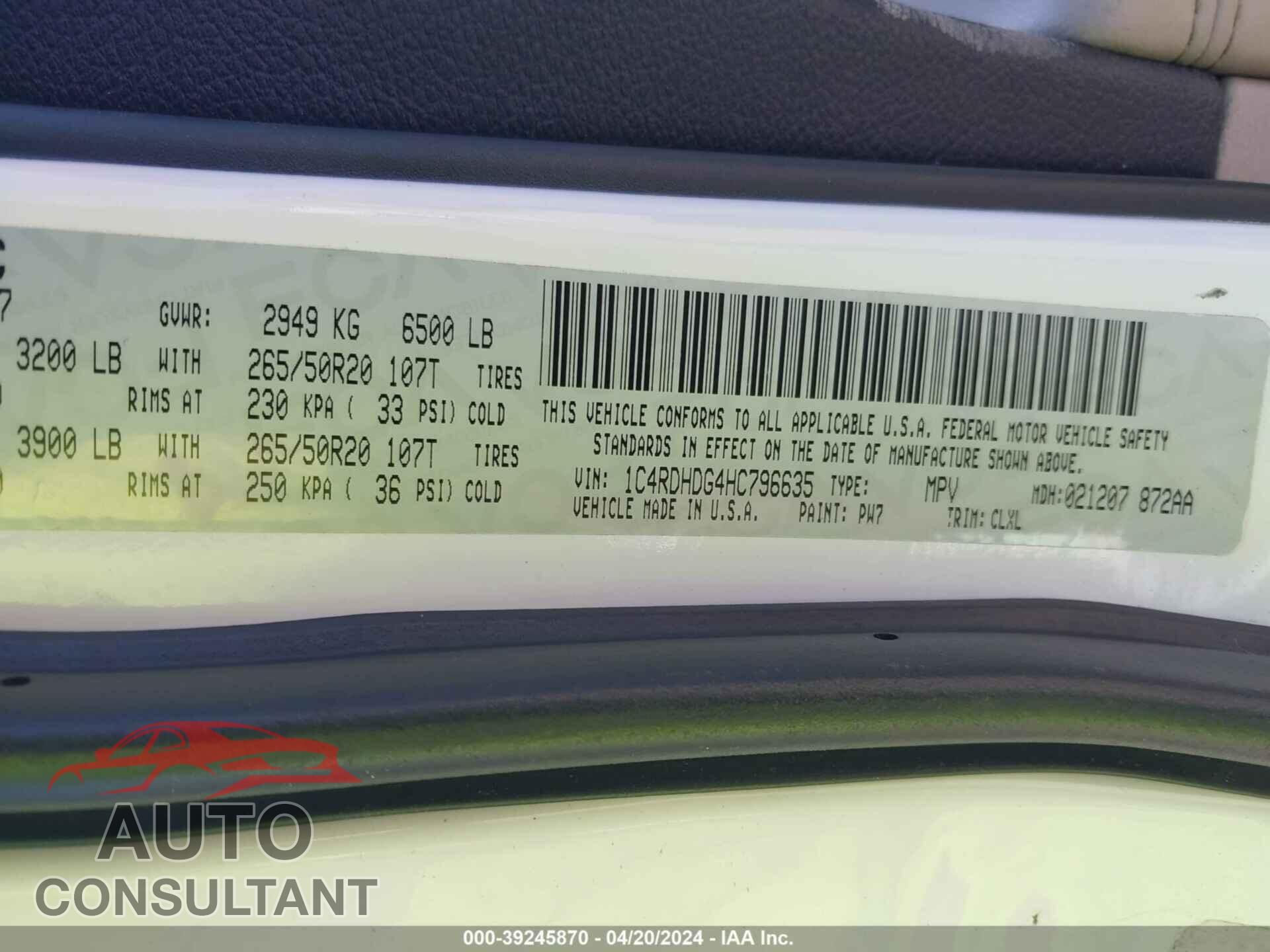 DODGE DURANGO 2017 - 1C4RDHDG4HC796635
