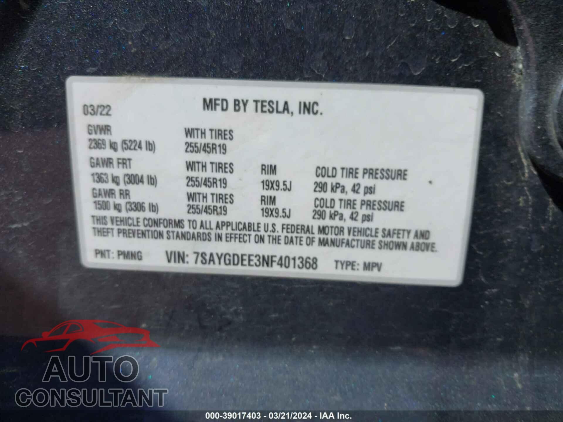 TESLA MODEL Y 2022 - 7SAYGDEE3NF401368