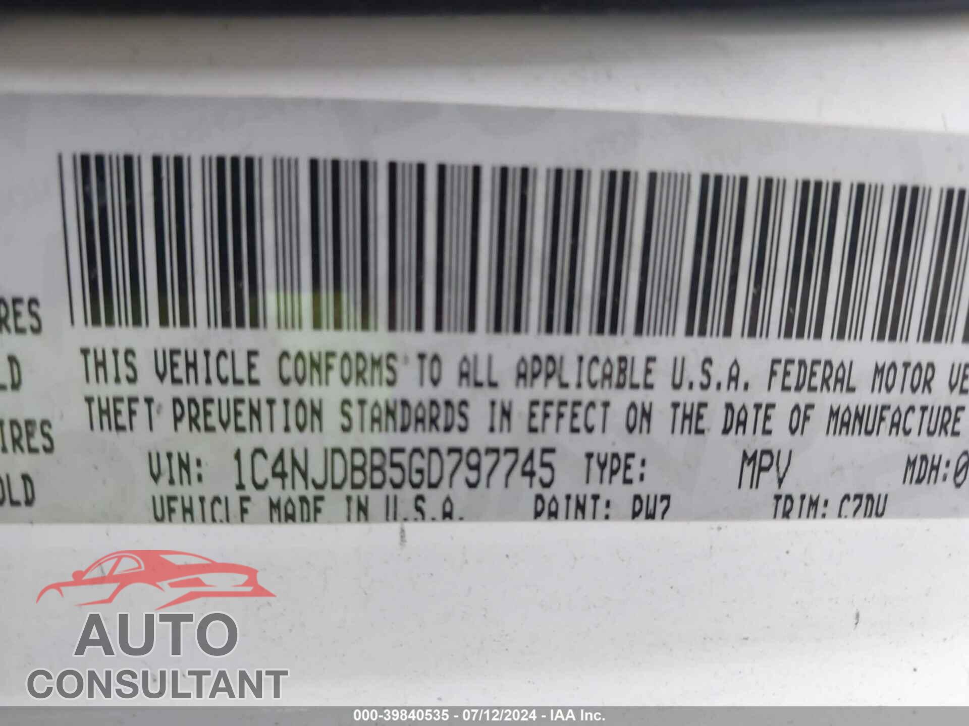 JEEP COMPASS 2016 - 1C4NJDBB5GD797745
