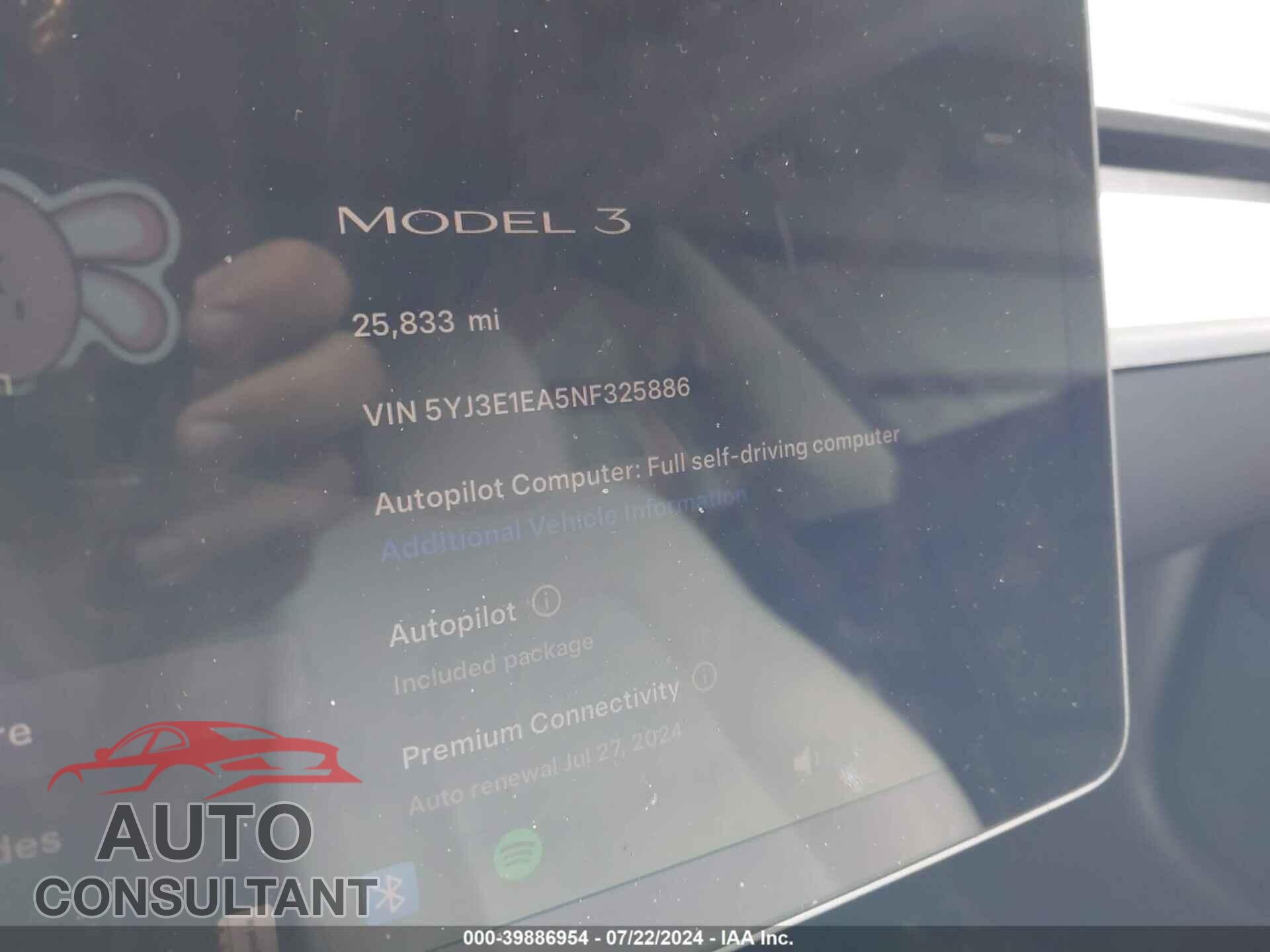 TESLA MODEL 3 2022 - 5YJ3E1EA5NF325886