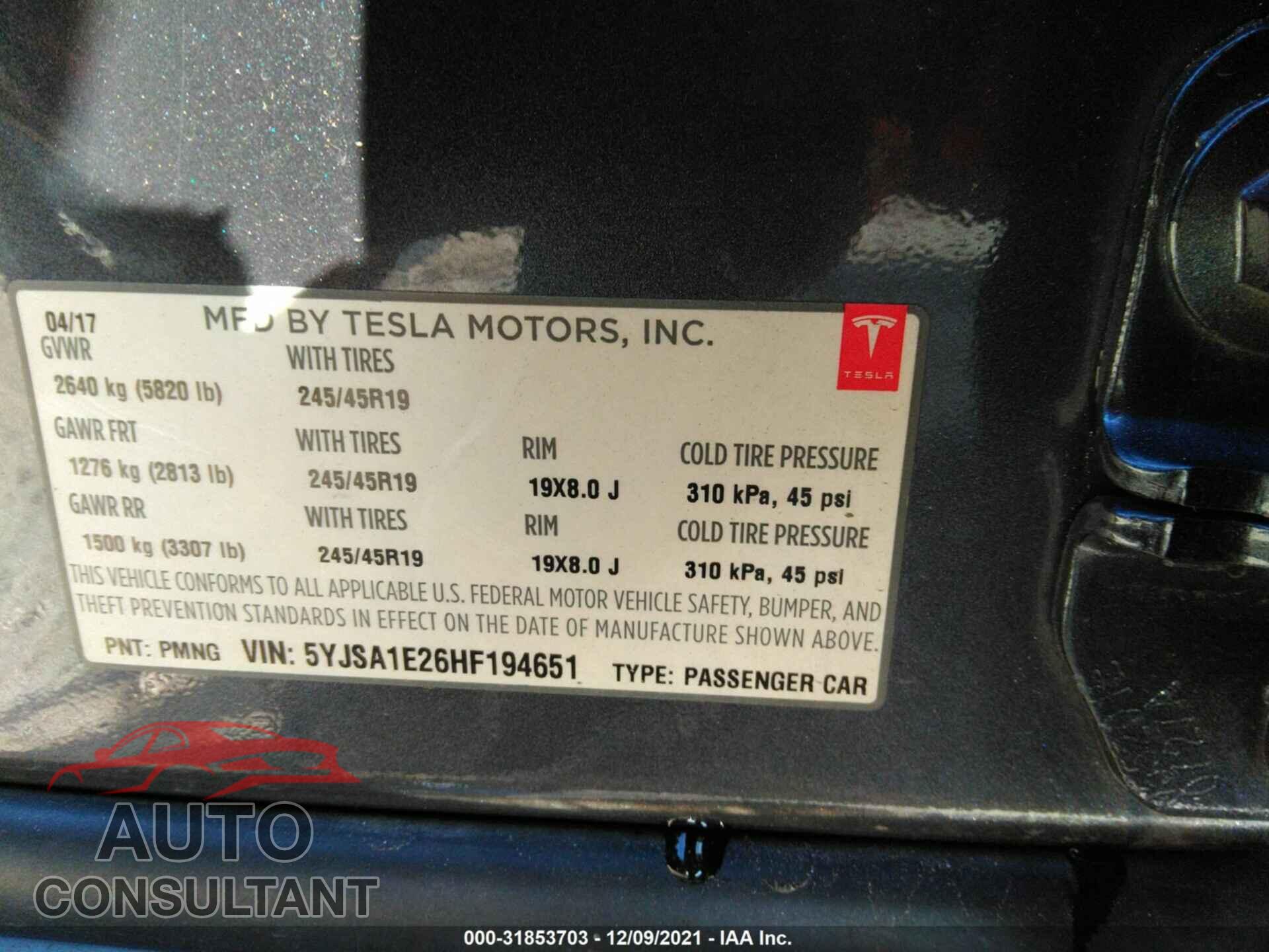 TESLA MODEL S 2017 - 5YJSA1E26HF194651