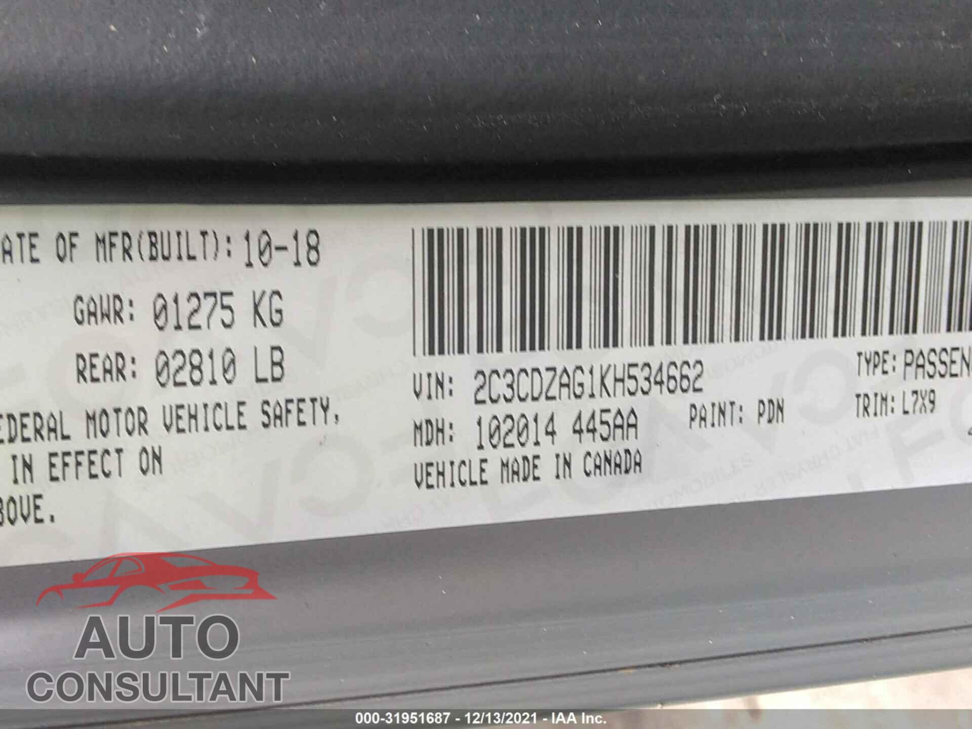 DODGE CHALLENGER 2019 - 2C3CDZAG1KH534662