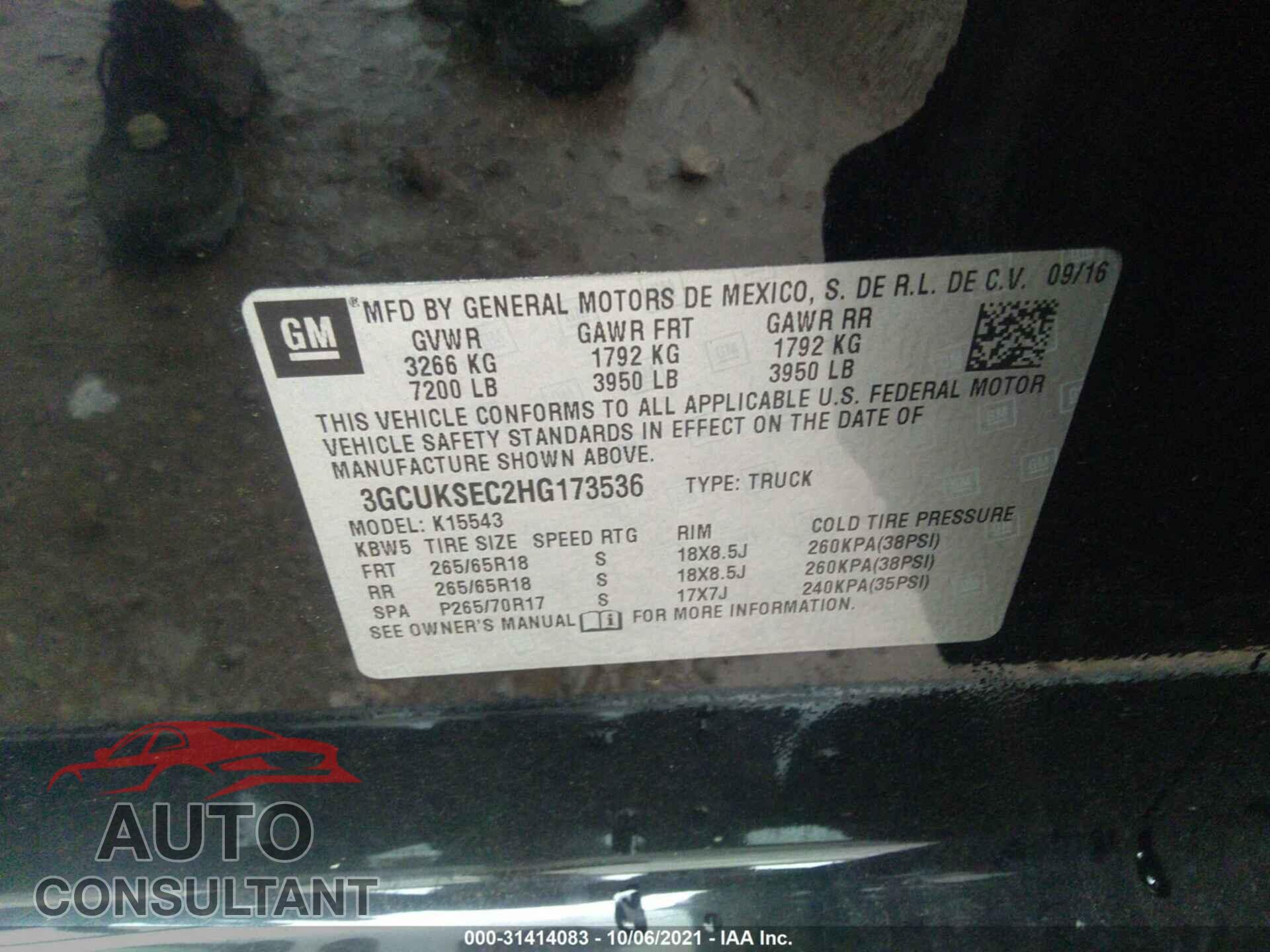 CHEVROLET SILVERADO 1500 2017 - 3GCUKSEC2HG173536