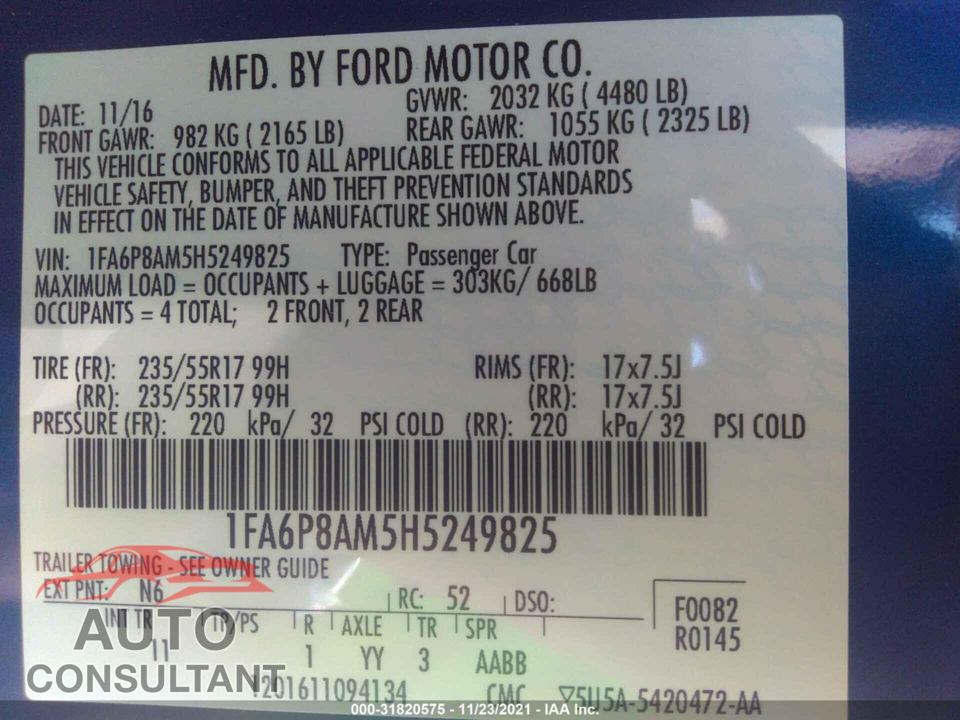 FORD MUSTANG 2017 - 1FA6P8AM5H5249825