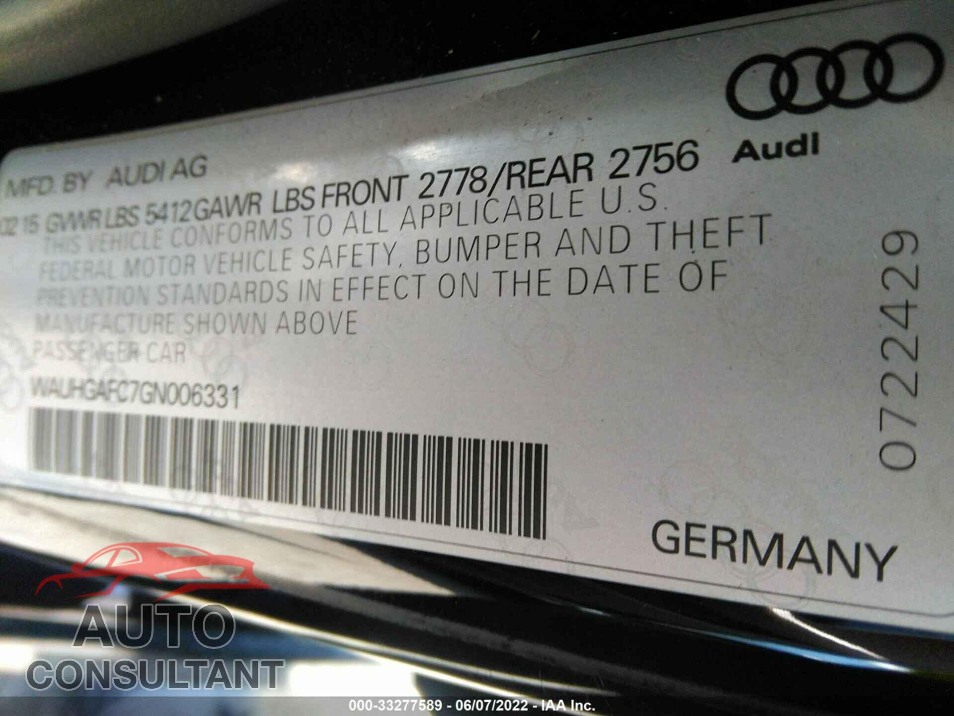 AUDI A6 2016 - WAUHGAFC7GN006331