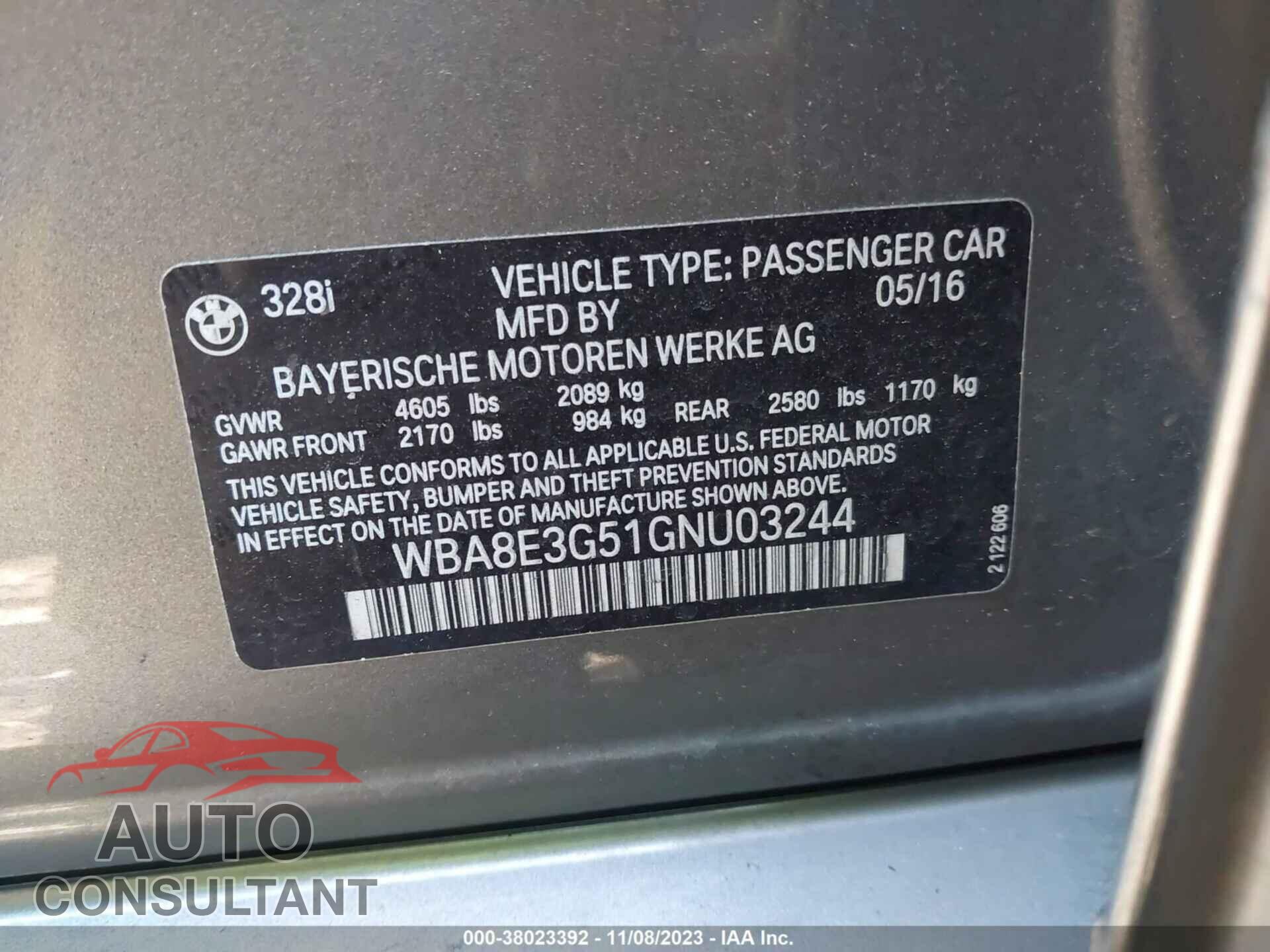 BMW 328 2016 - WBA8E3G51GNU03244