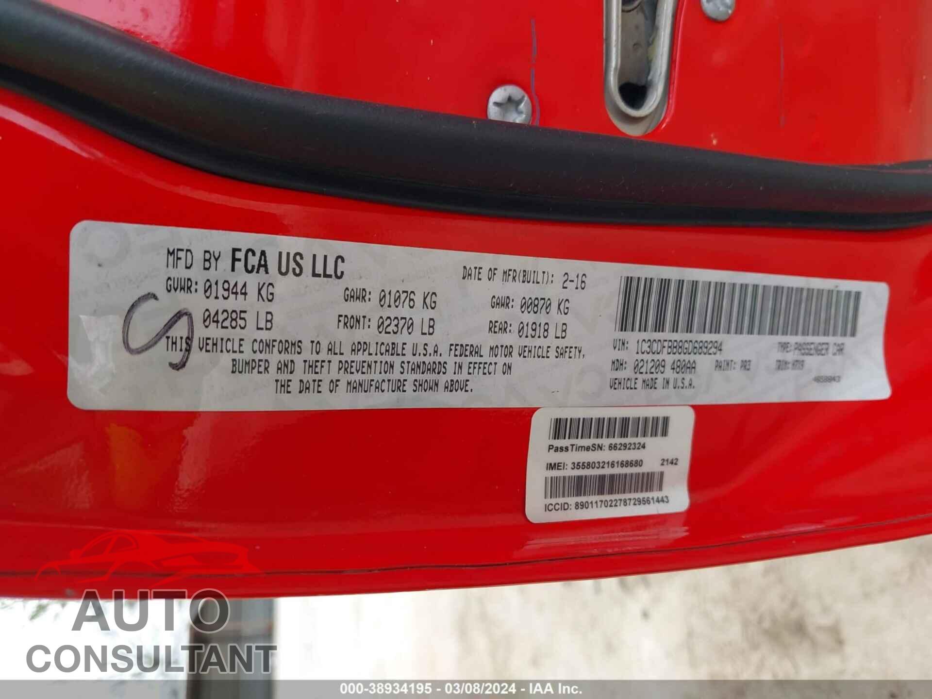 DODGE DART 2016 - 1C3CDFBB8GD689294