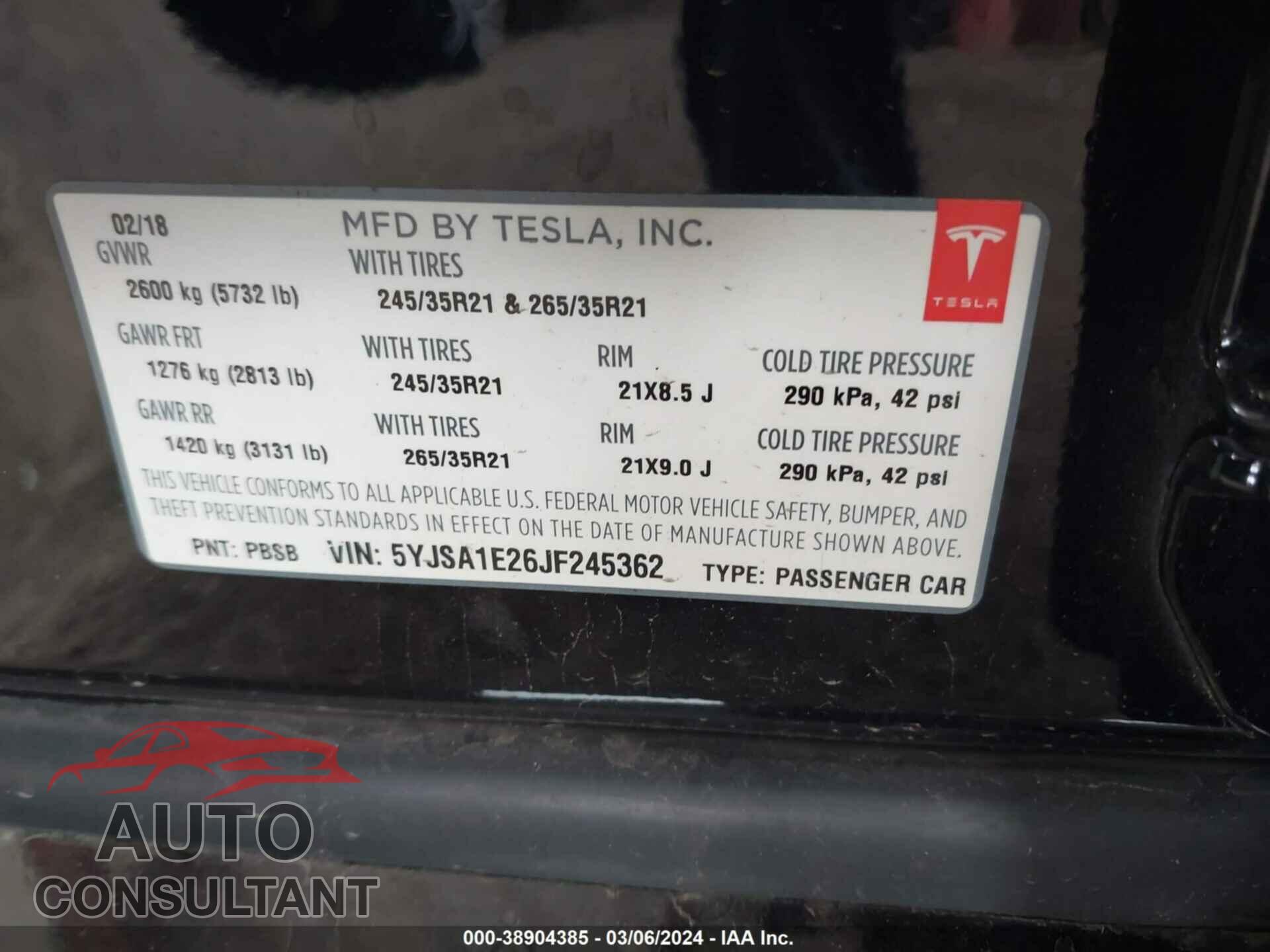 TESLA MODEL S 2018 - 5YJSA1E26JF245362