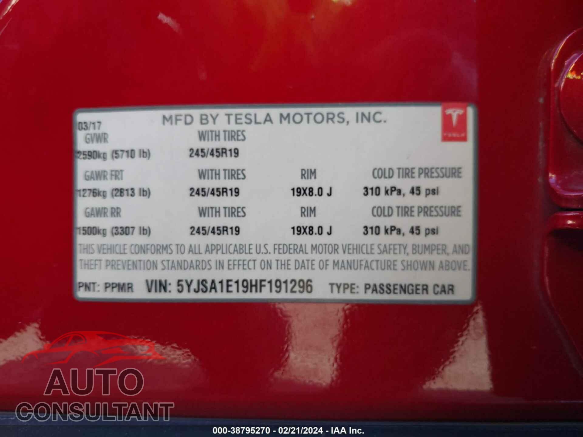 TESLA MODEL S 2017 - 5YJSA1E19HF191296