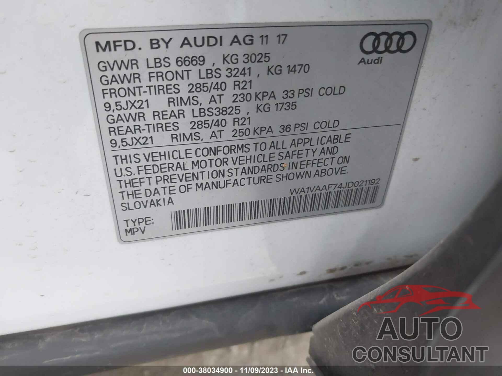 AUDI Q7 2018 - WA1VAAF74JD021192