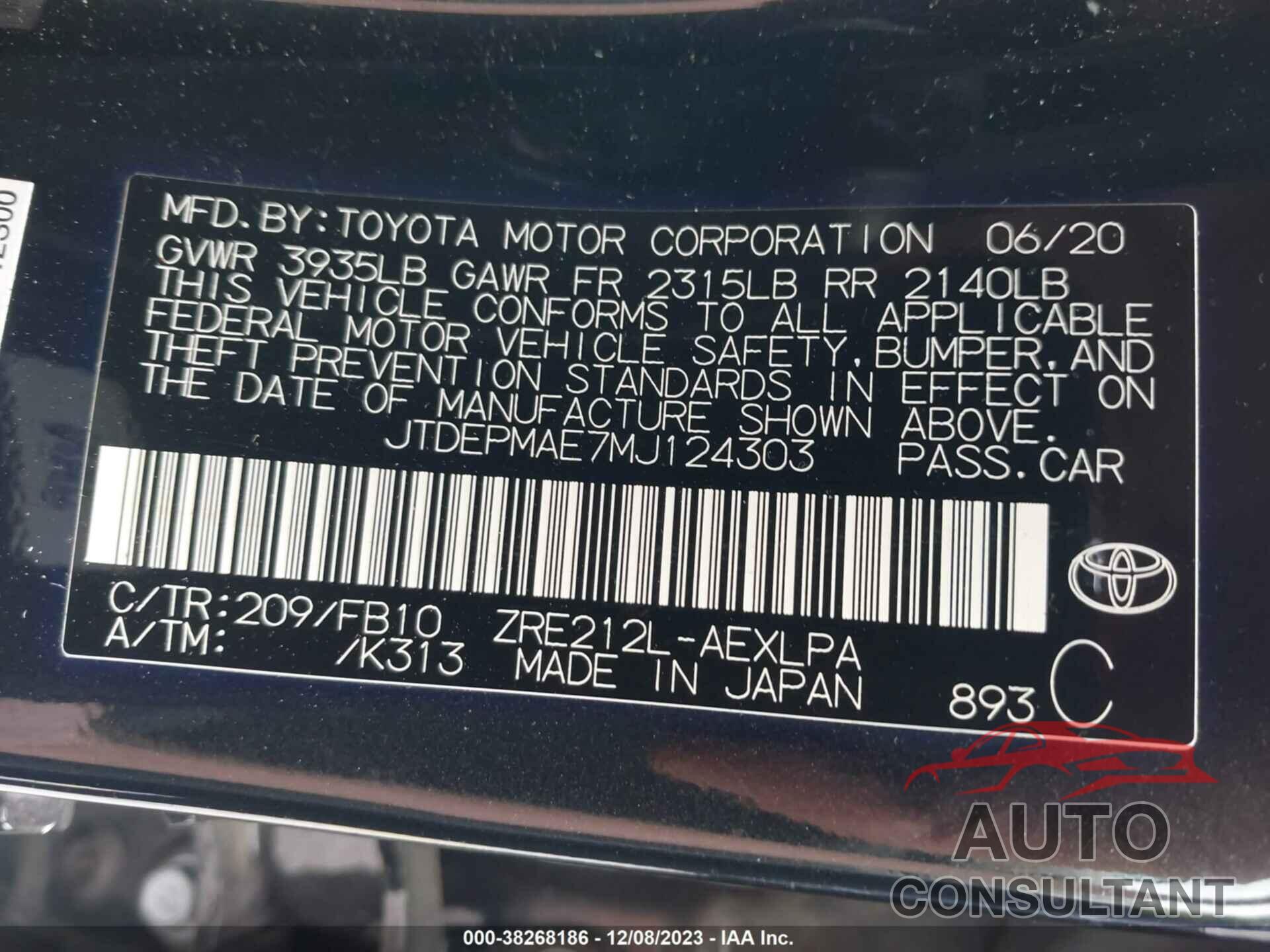 TOYOTA COROLLA 2021 - JTDEPMAE7MJ124303