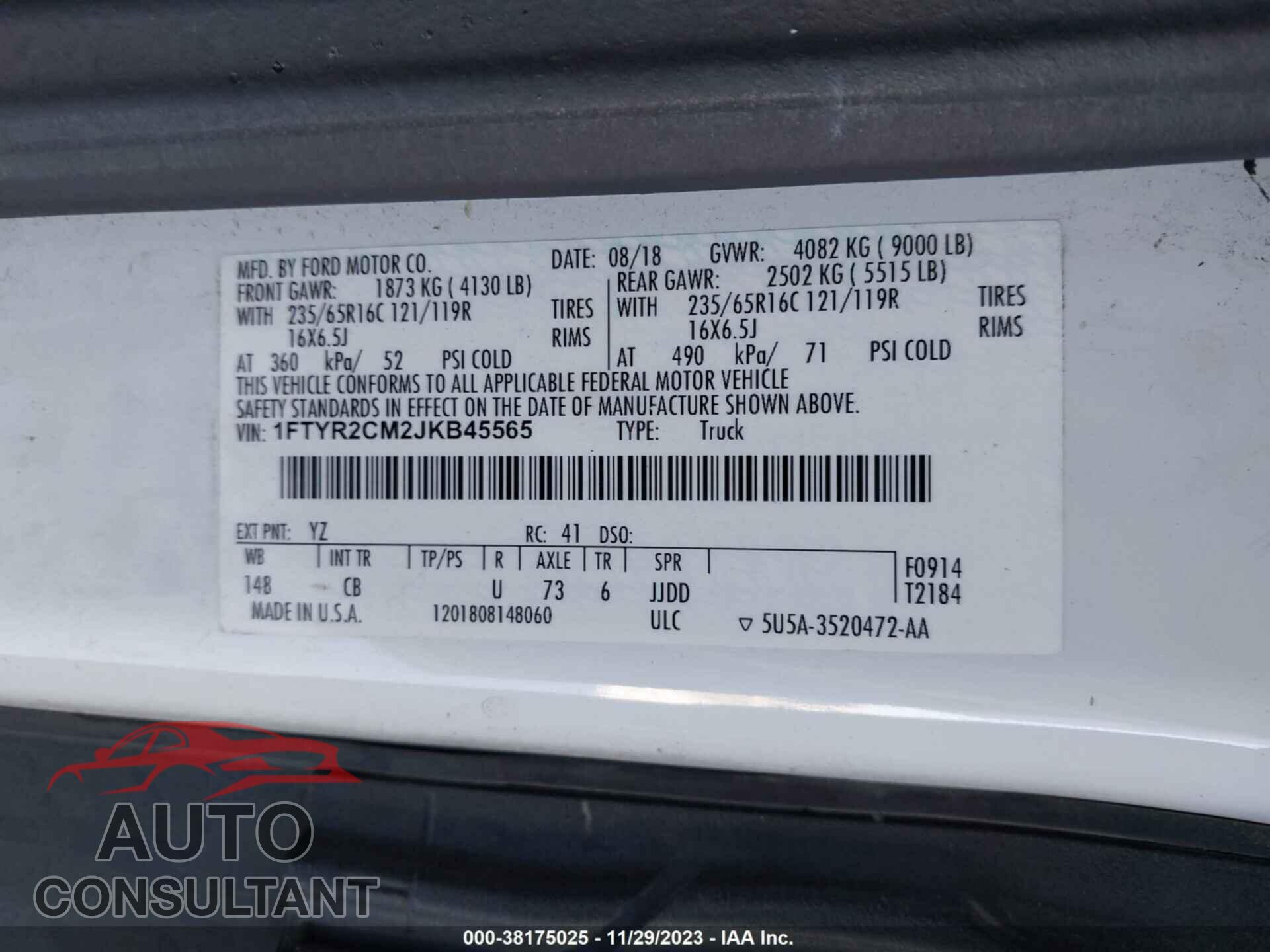 FORD TRANSIT 2018 - 1FTYR2CM2JKB45565