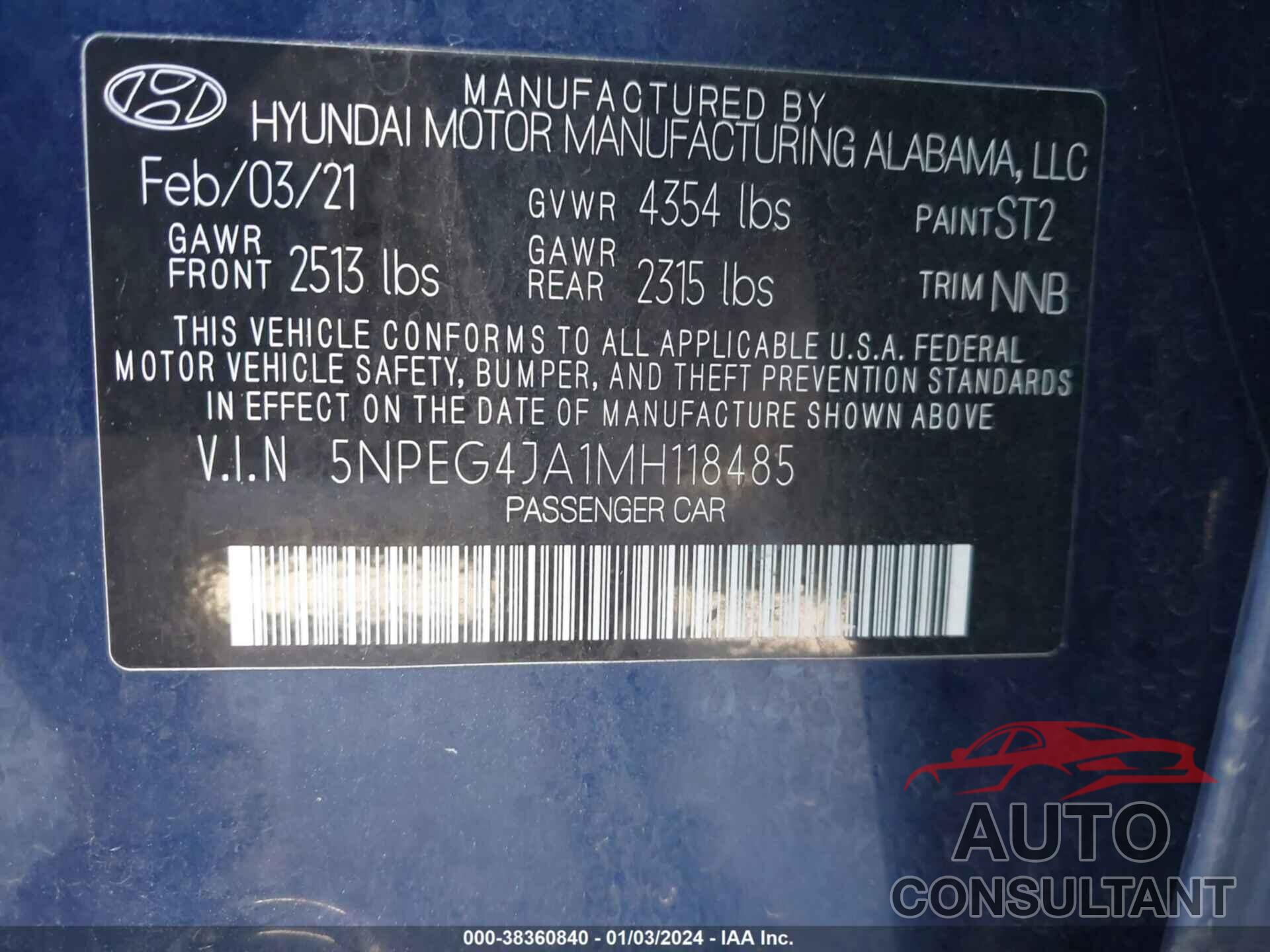 HYUNDAI SONATA 2021 - 5NPEG4JA1MH118485