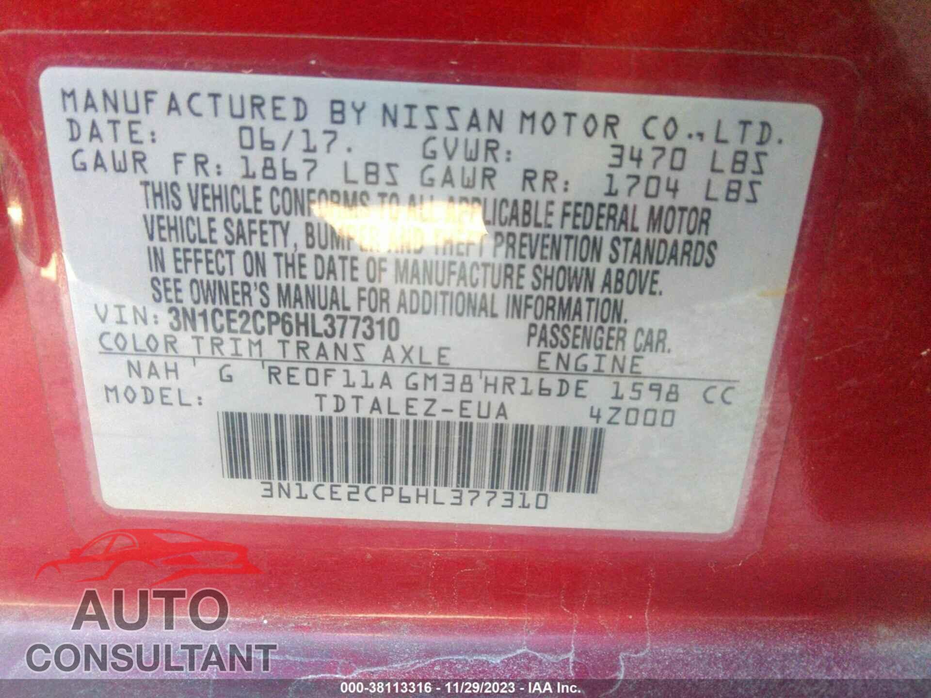 NISSAN VERSA NOTE 2017 - 3N1CE2CP6HL377310