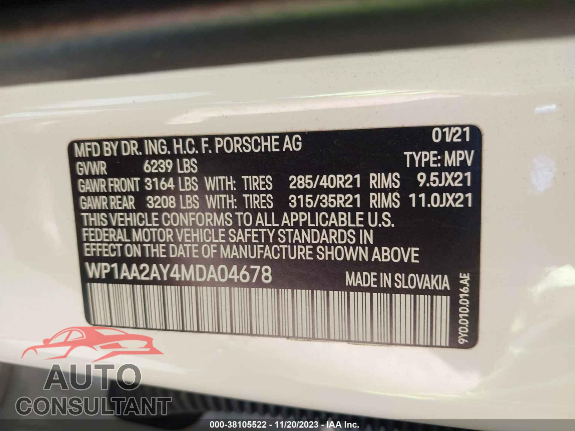 PORSCHE CAYENNE 2021 - WP1AA2AY4MDA04678