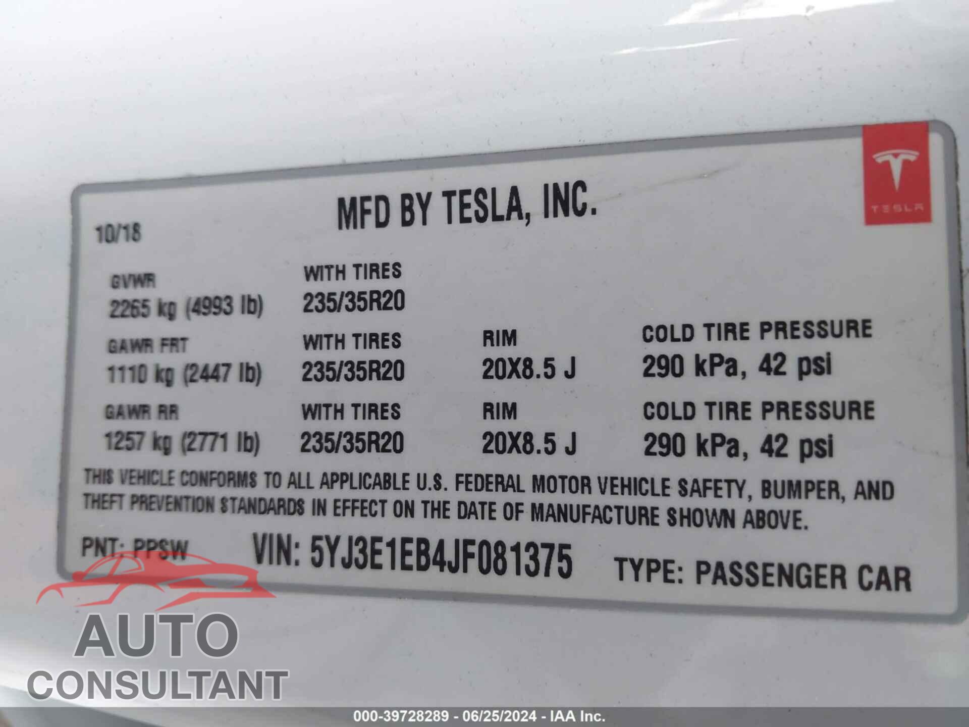 TESLA MODEL 3 2018 - 5YJ3E1EB4JF081375