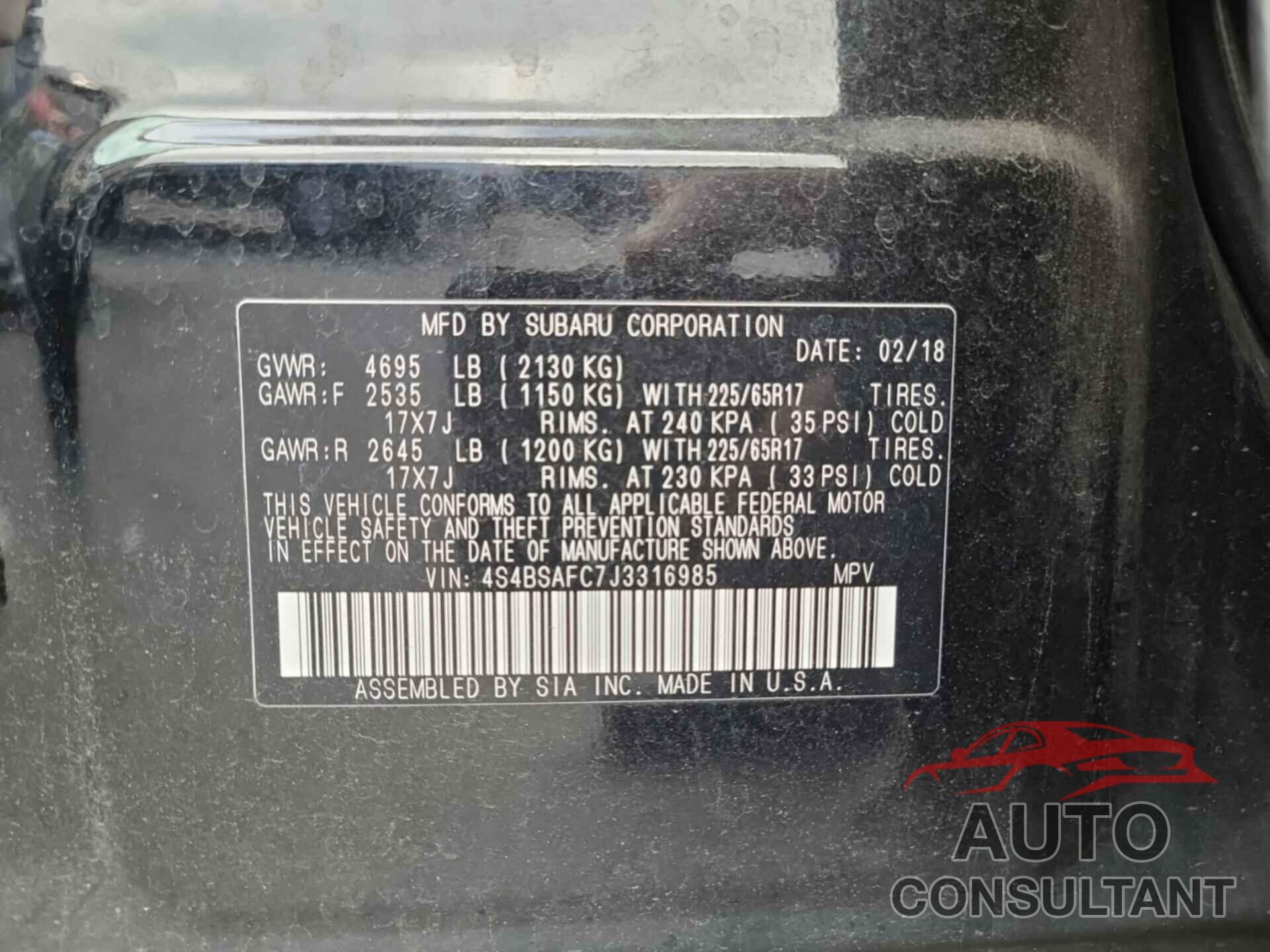 SUBARU OUTBACK 2018 - 4S4BSAFC7J3316985