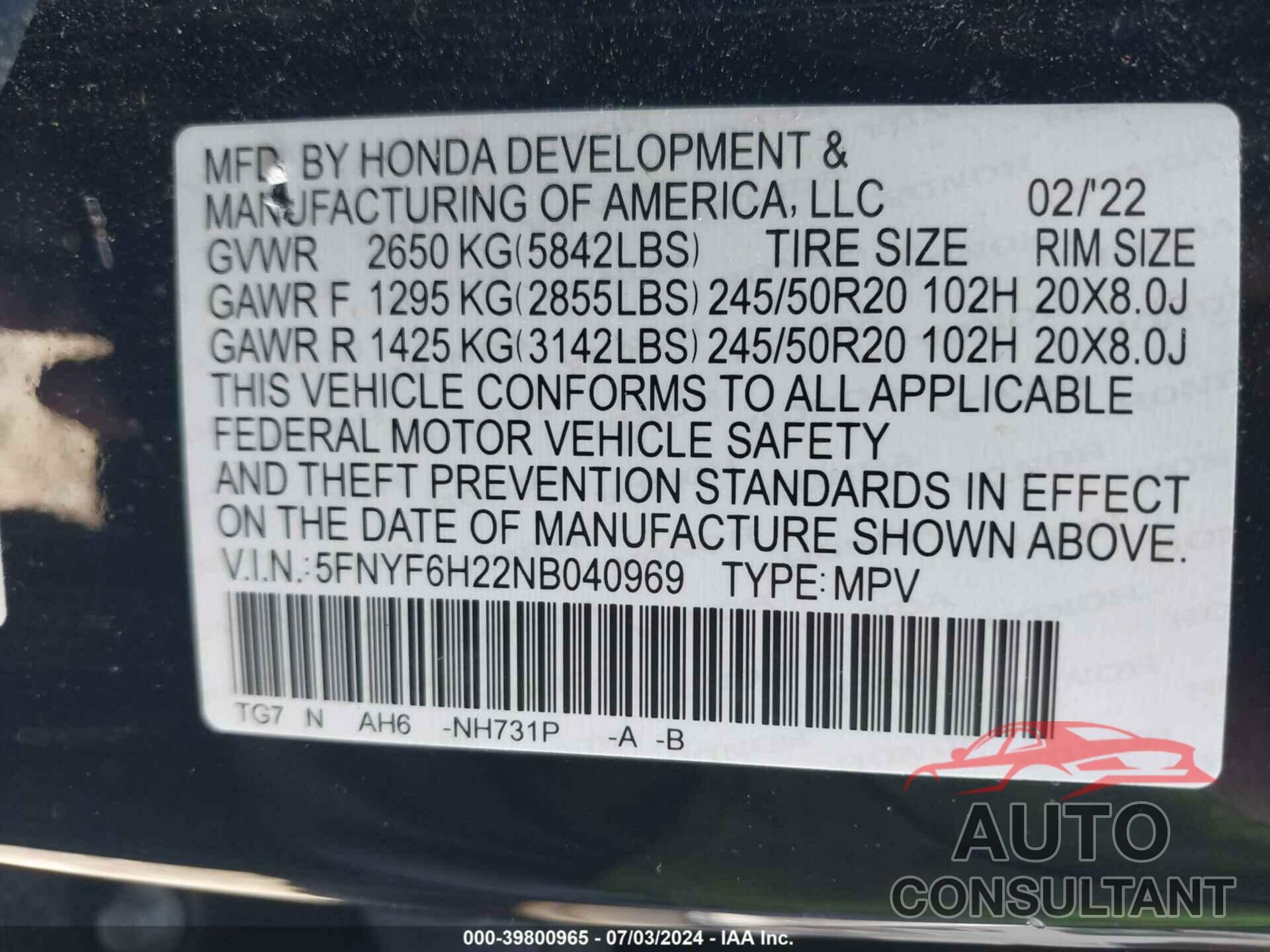 HONDA PILOT 2022 - 5FNYF6H22NB040969