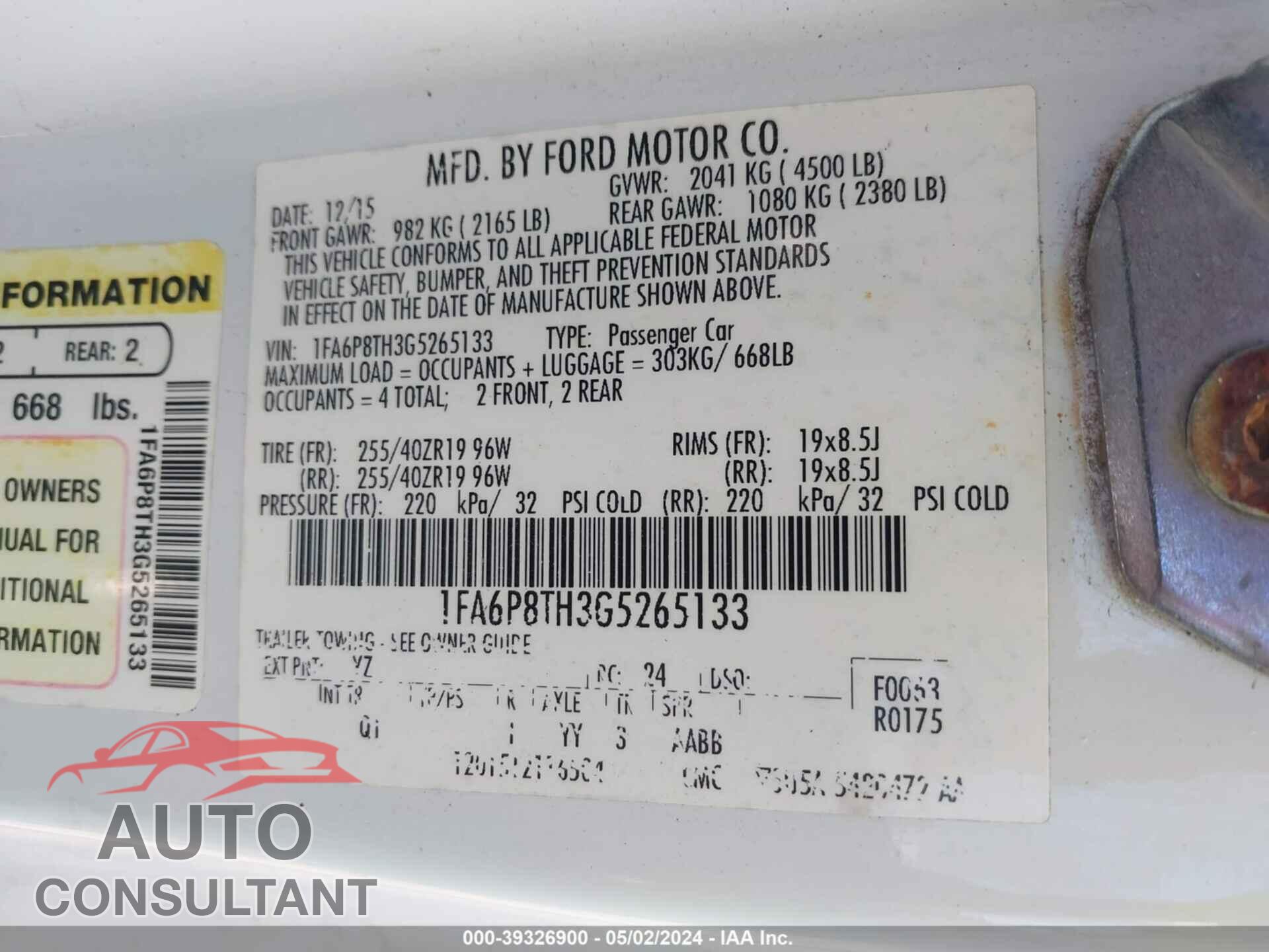 FORD MUSTANG 2016 - 1FA6P8TH3G5265133