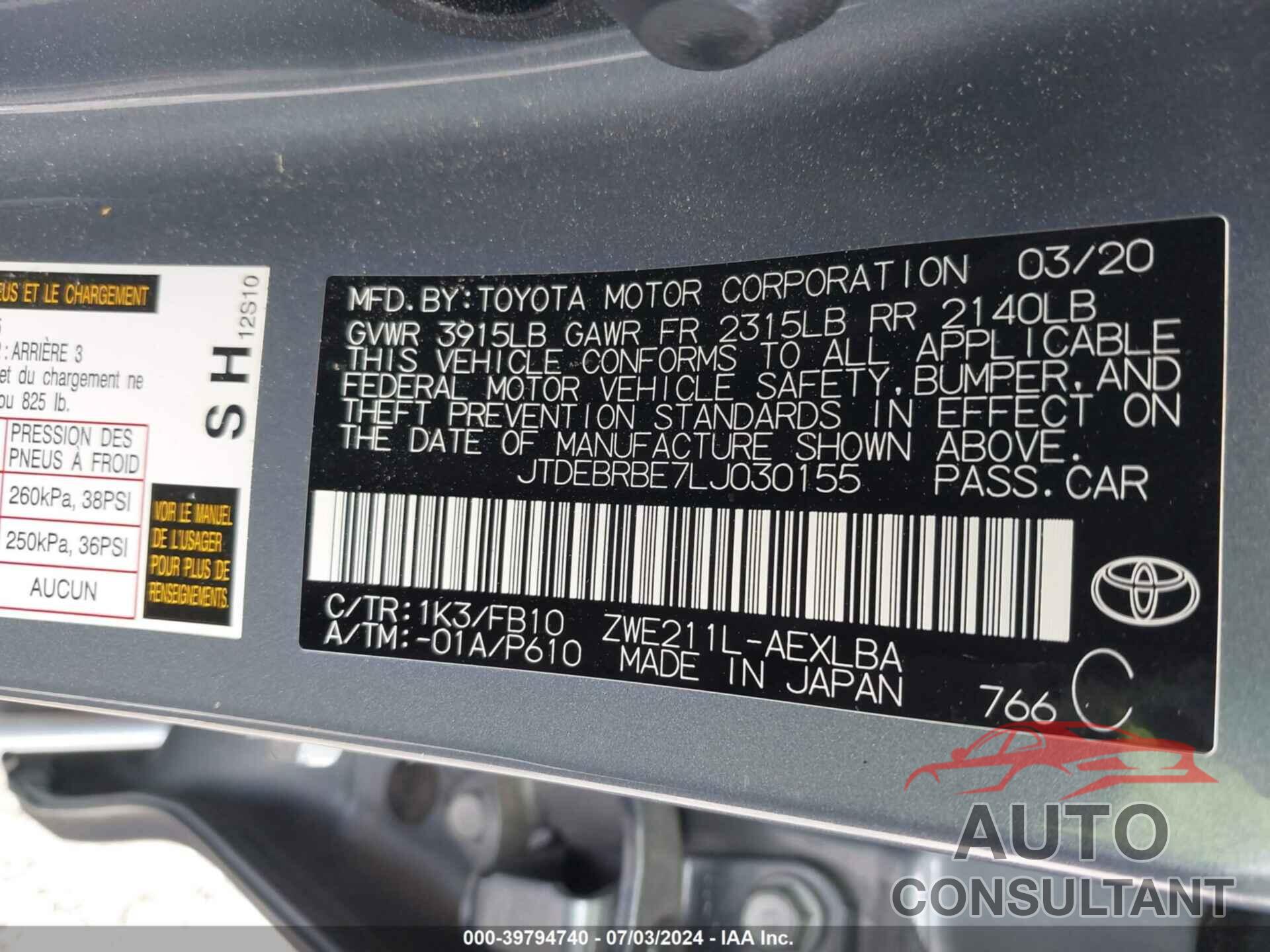 TOYOTA COROLLA 2020 - JTDEBRBE7LJ030155