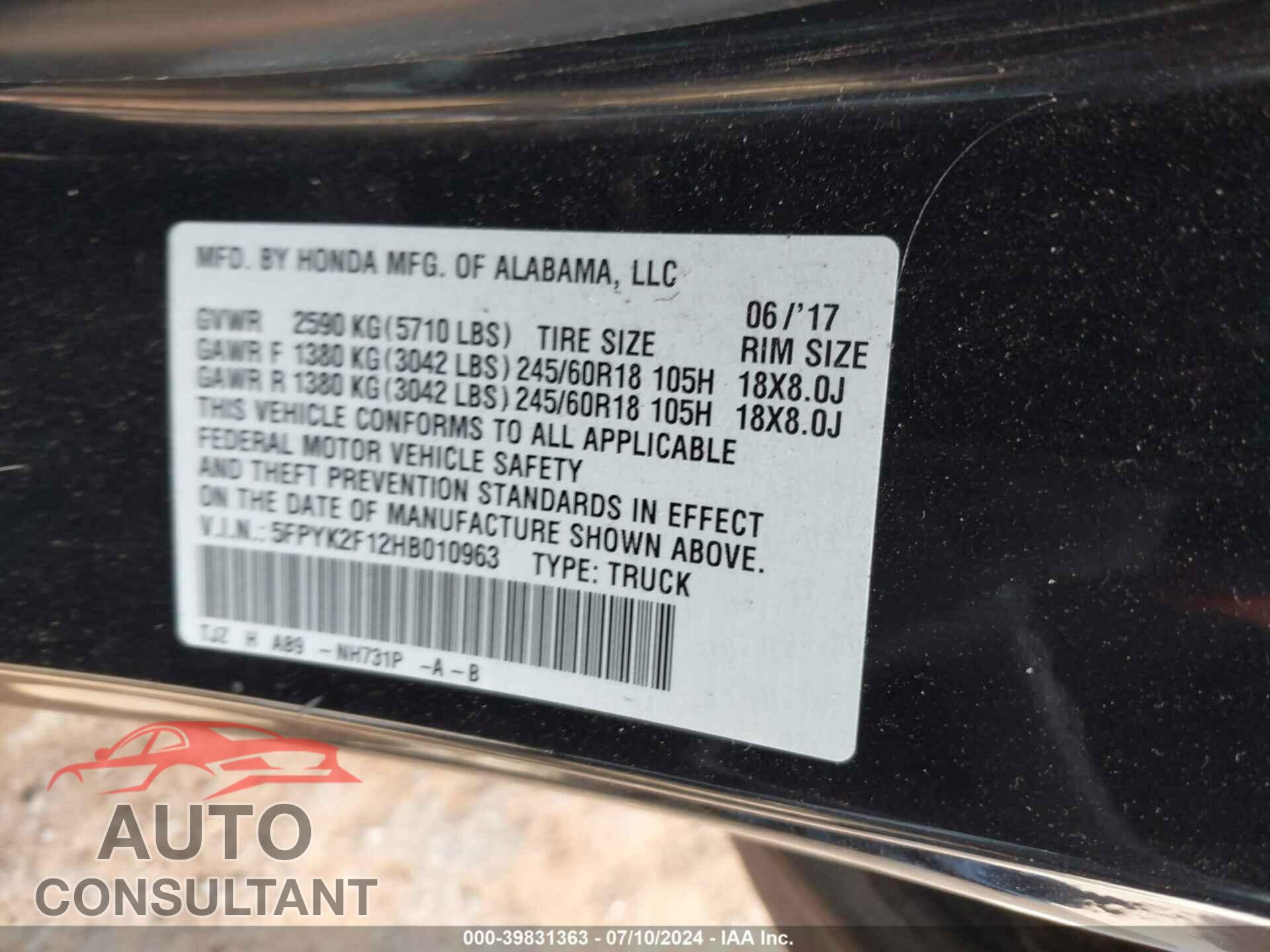 HONDA RIDGELINE 2017 - 5FPYK2F12HB010963