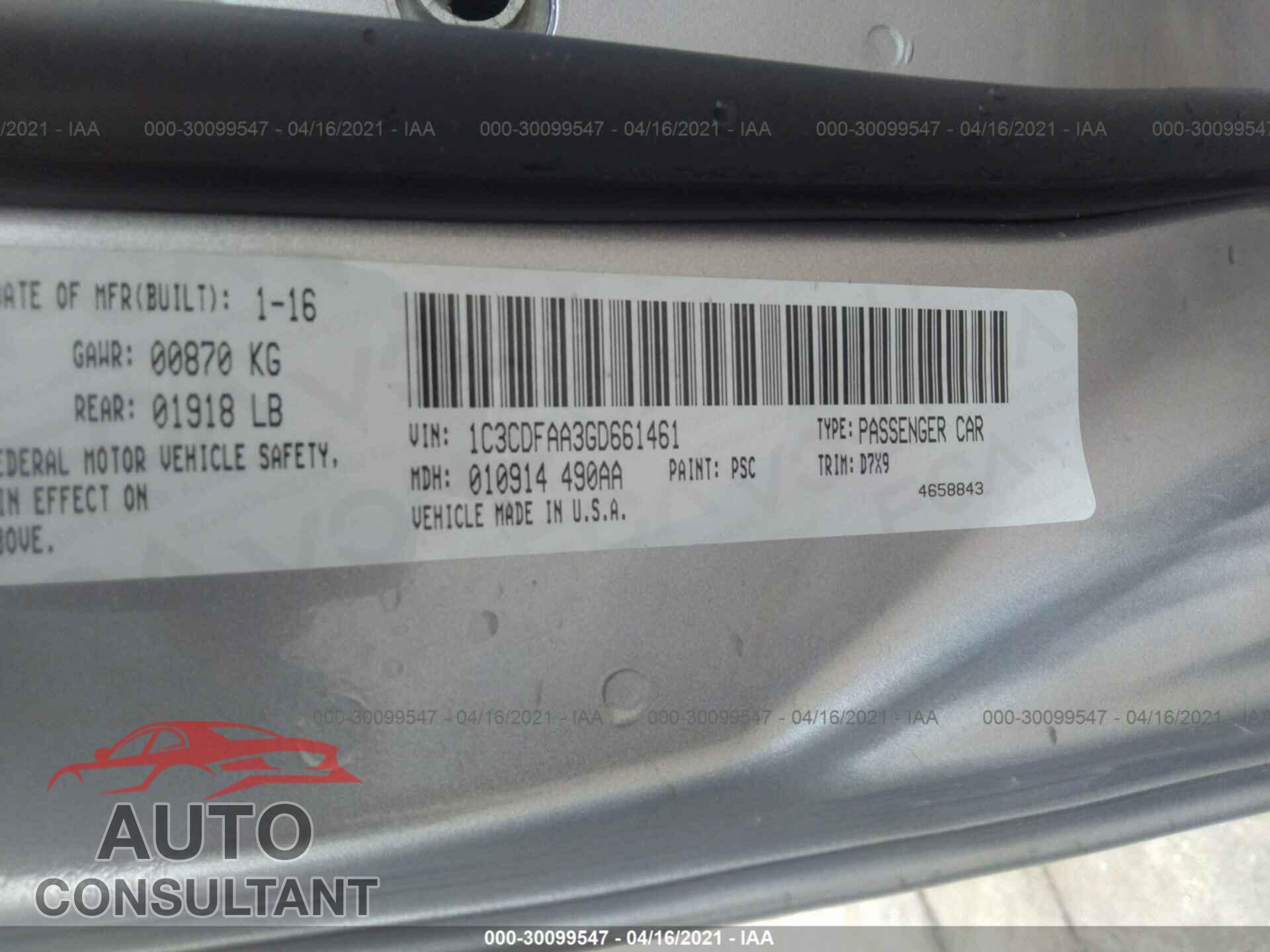 DODGE DART 2016 - 1C3CDFAA3GD661461