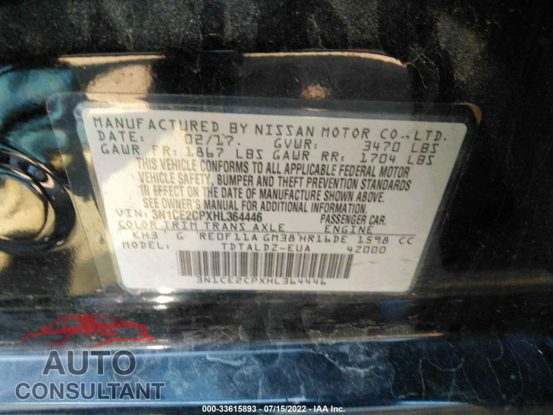 NISSAN VERSA NOTE 2017 - 3N1CE2CPXHL364446