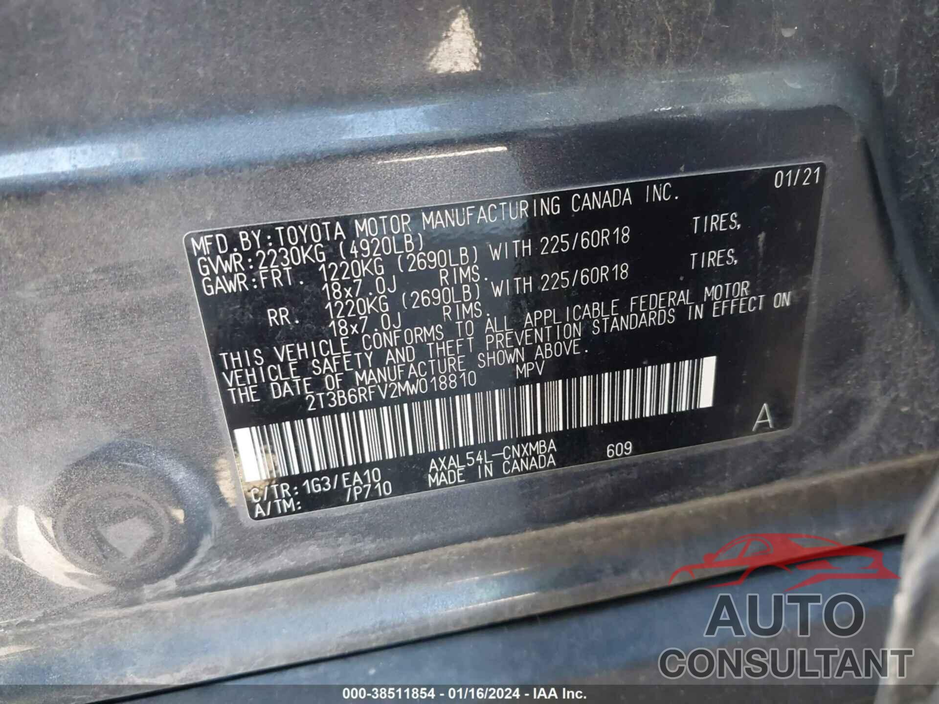 TOYOTA RAV4 2021 - 2T3B6RFV2MW018810