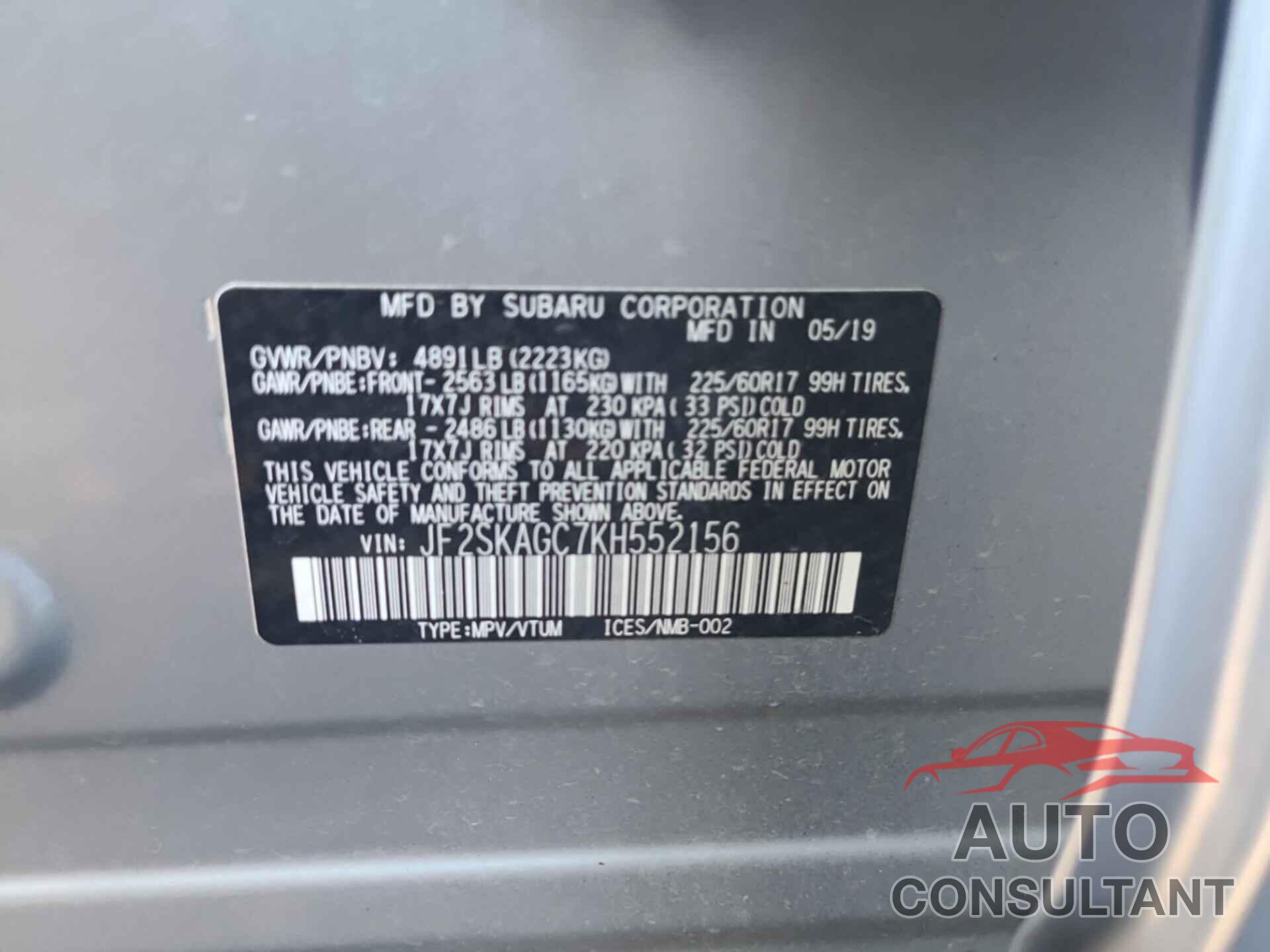 SUBARU FORESTER 2019 - JF2SKAGC7KH552156