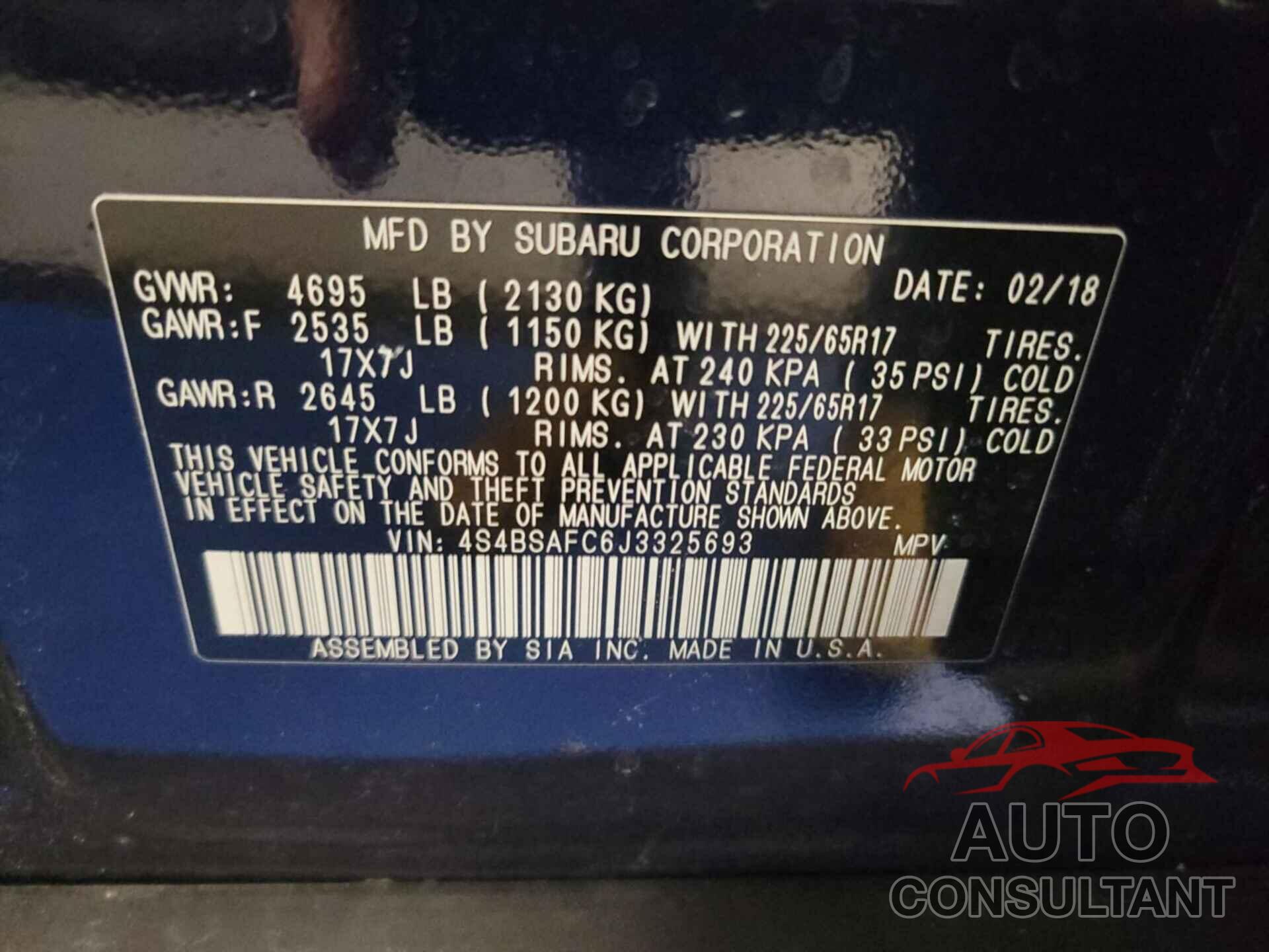 SUBARU OUTBACK 2018 - 4S4BSAFC6J3325693