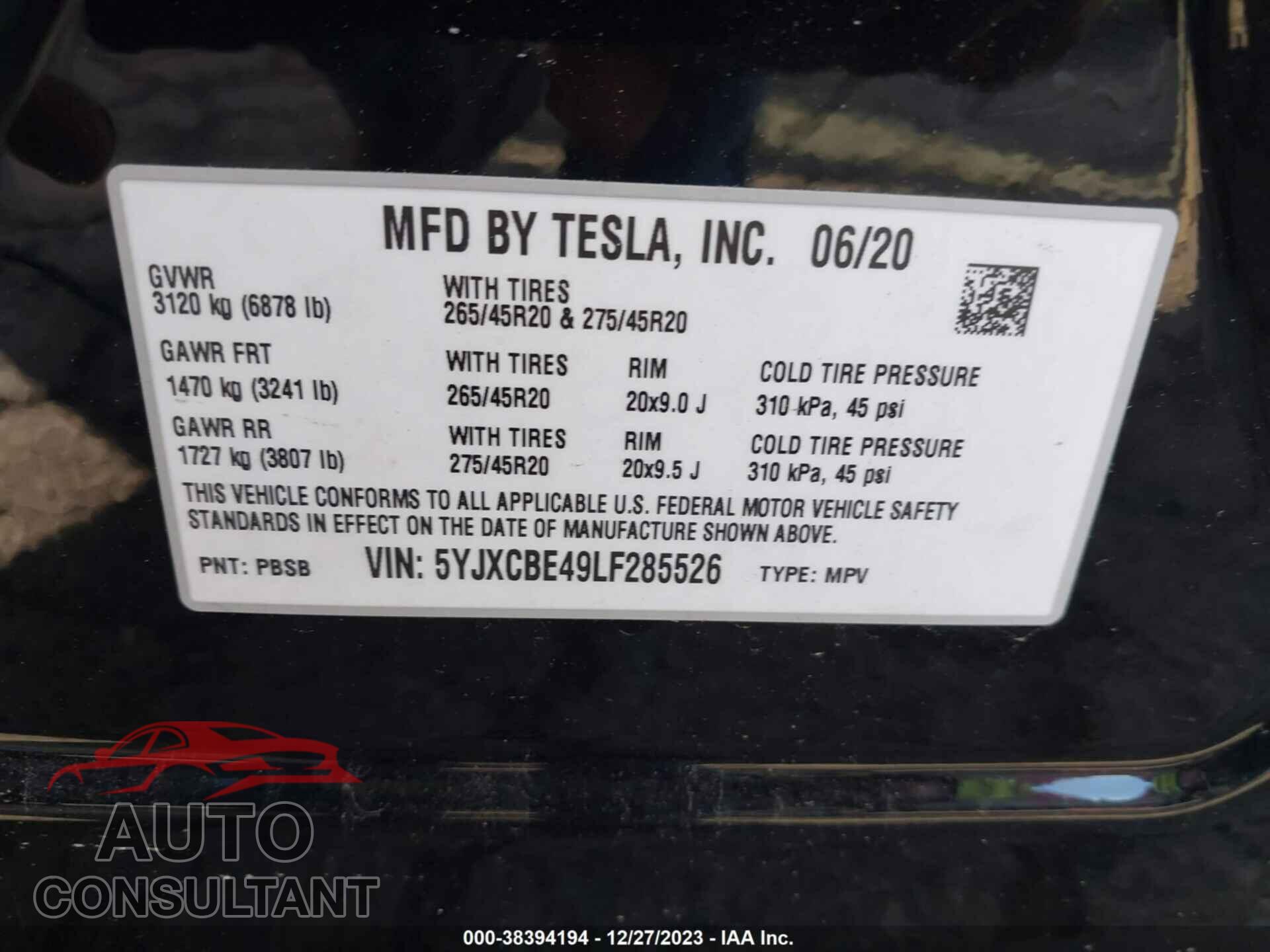 TESLA MODEL X 2020 - 5YJXCBE49LF285526