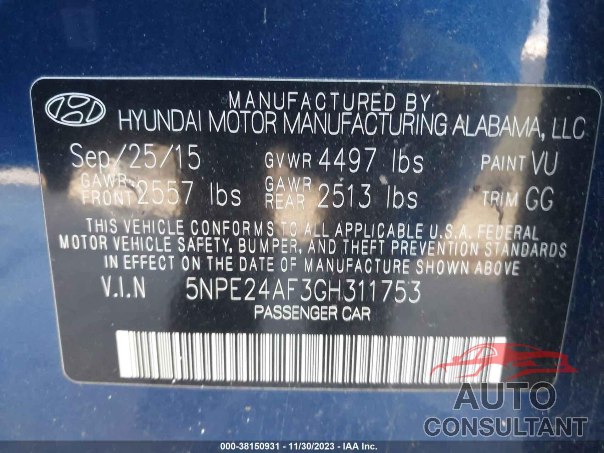 HYUNDAI SONATA 2016 - 5NPE24AF3GH311753