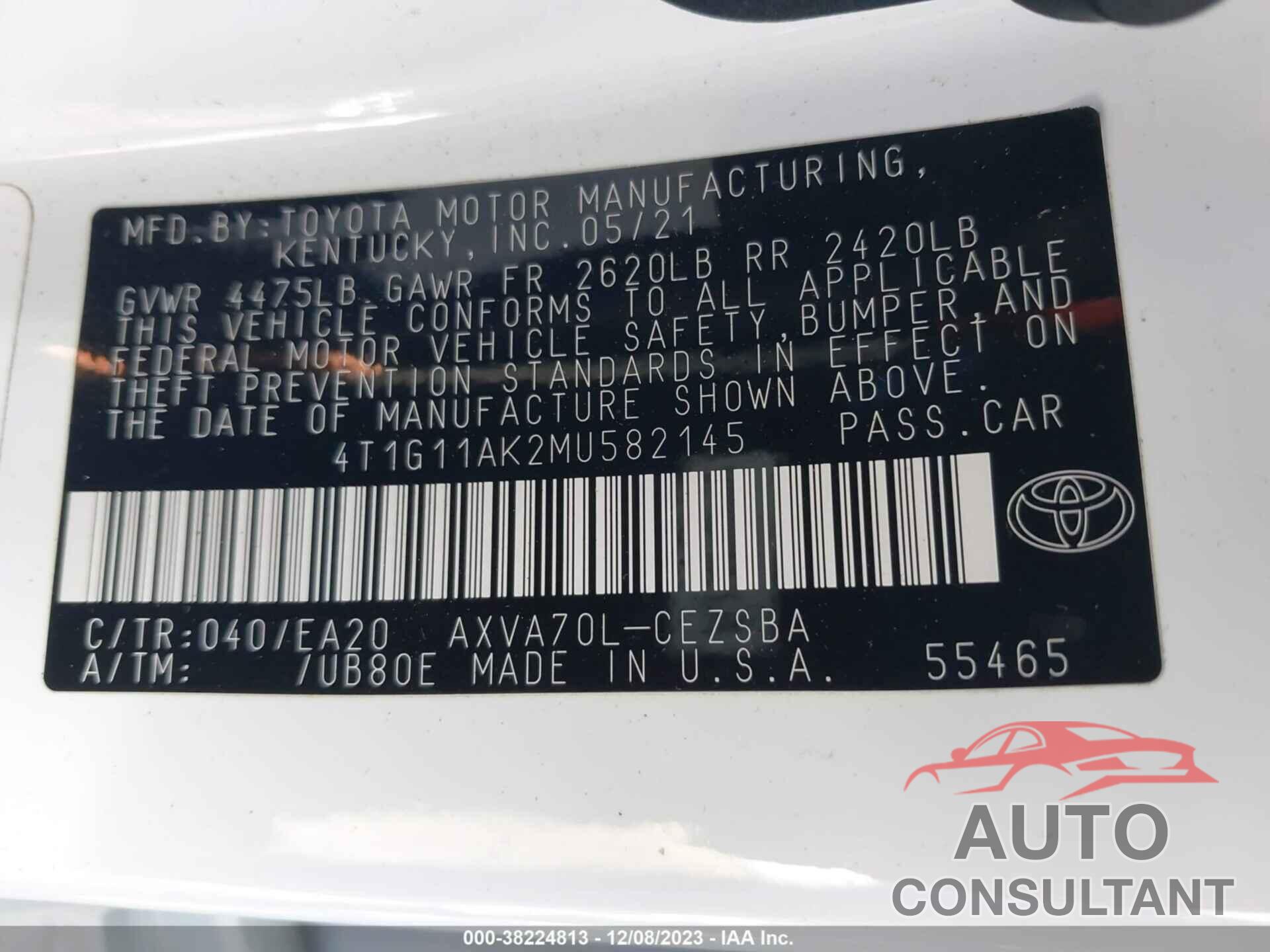 TOYOTA CAMRY 2021 - 4T1G11AK2MU582145