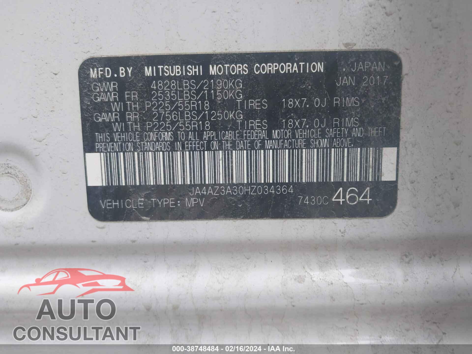 MITSUBISHI OUTLANDER 2017 - JA4AZ3A30HZ034364