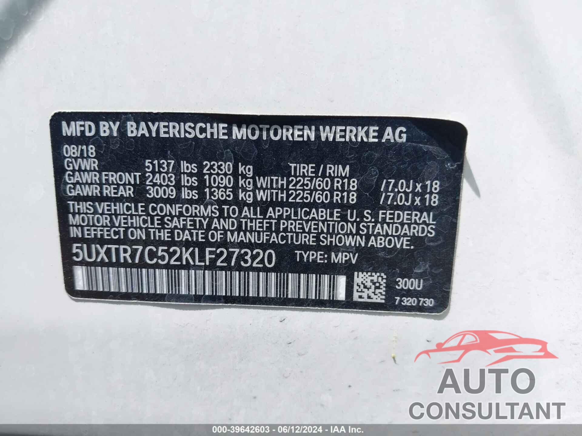 BMW X3 2019 - 5UXTR7C52KLF27320