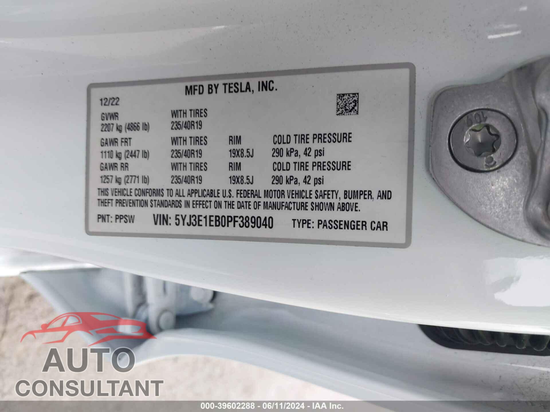 TESLA MODEL 3 2023 - 5YJ3E1EB0PF389040