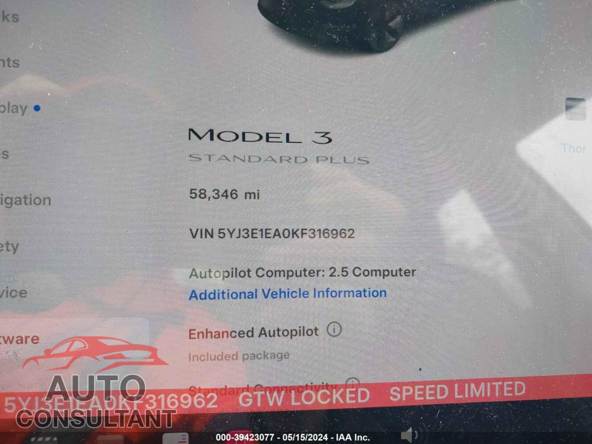 TESLA MODEL 3 2019 - 5YJ3E1EA0KF316962