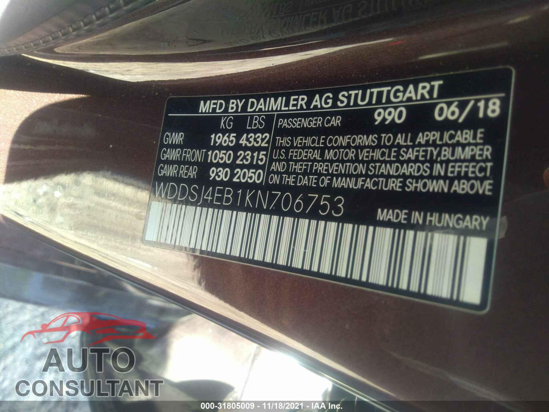 MERCEDES-BENZ CLA 2019 - WDDSJ4EB1KN706753