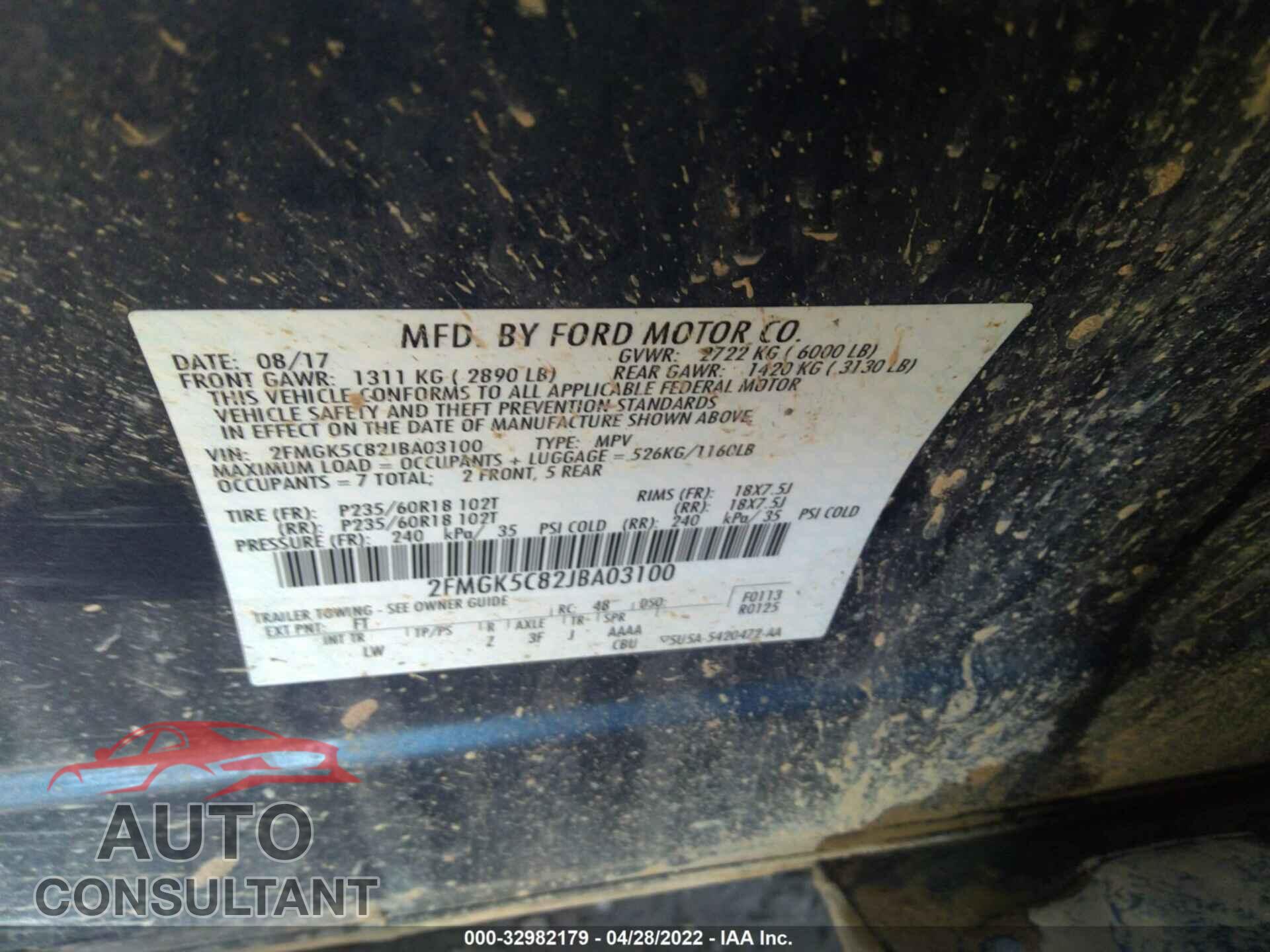 FORD FLEX 2018 - 2FMGK5C82JBA03100