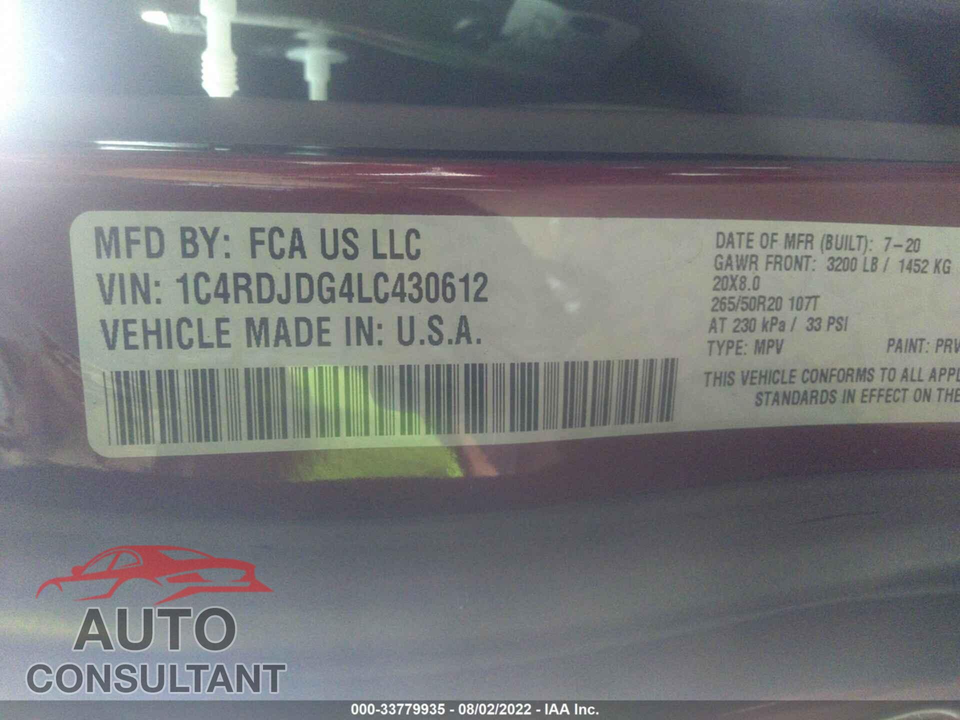 DODGE DURANGO 2020 - 1C4RDJDG4LC430612